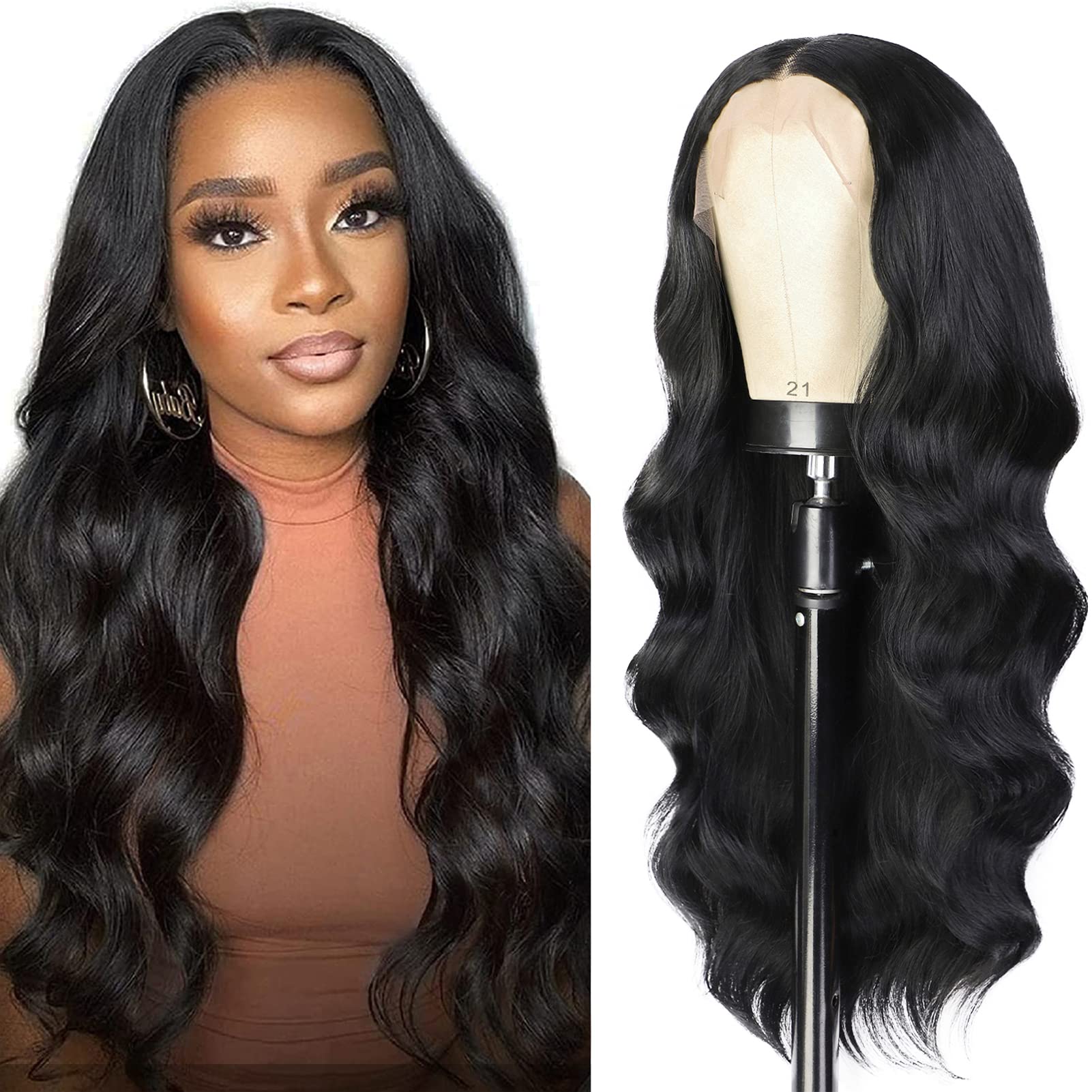 Fewosles Black Lace Front Wigs for Women Synthetic Long Wavy Wigs