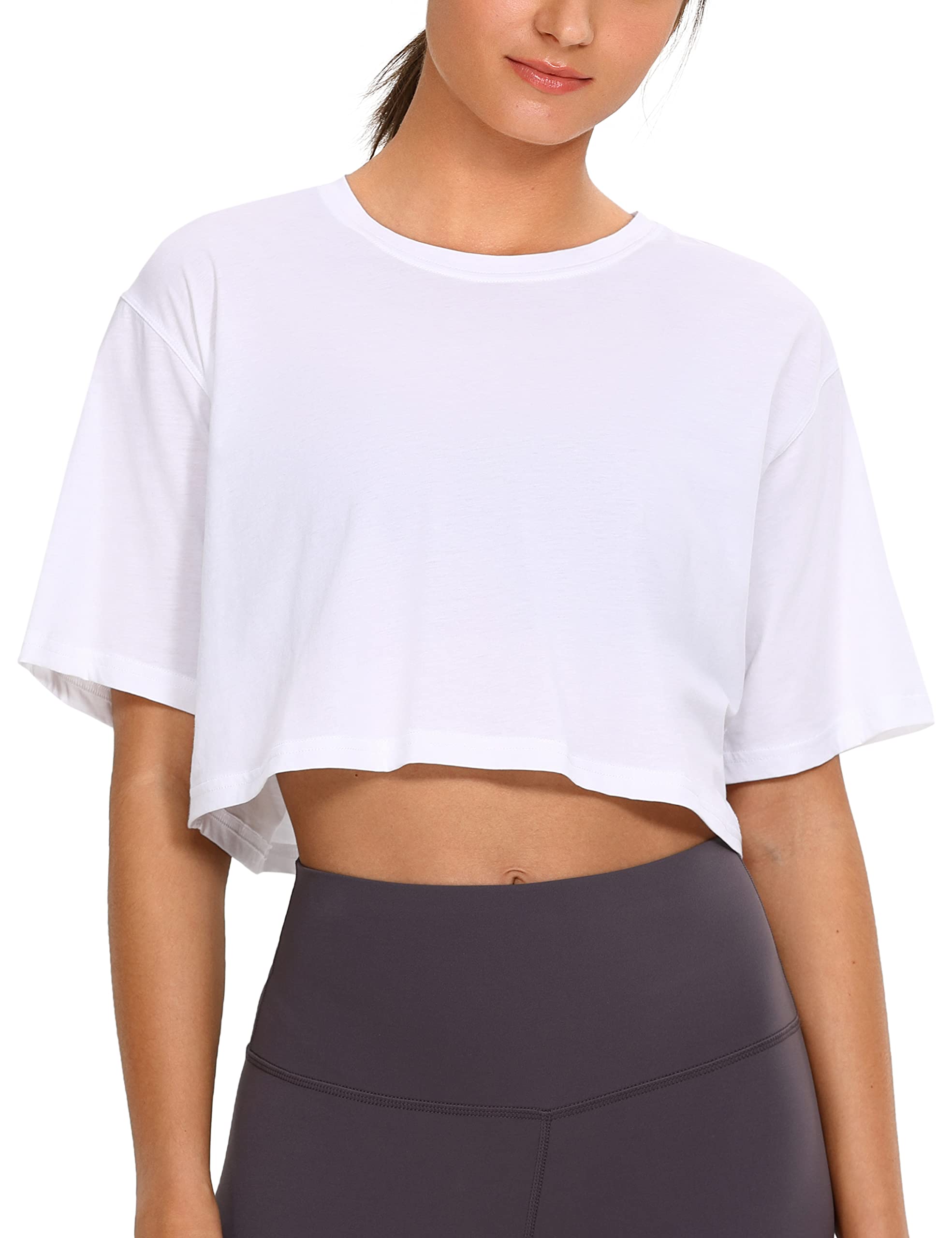 CRZ YOGA Women's Casual Relaxed Fit Pima Cotton Short Sleeve Cropped