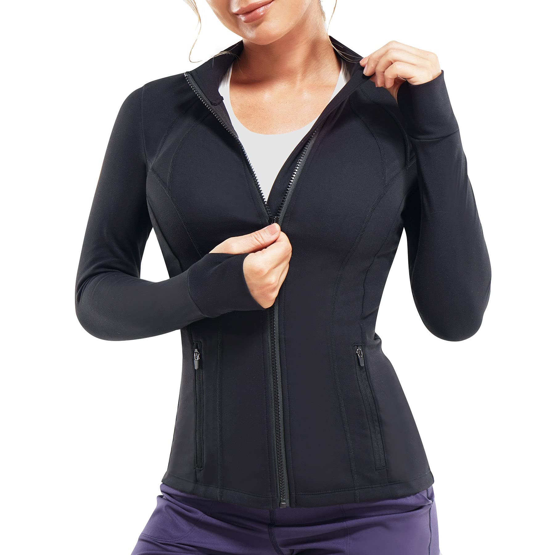 Women Full Zip-up Yoga Top Workout Running Jackets with Thumb Holes  Stretchy Fitted Long Sleeve