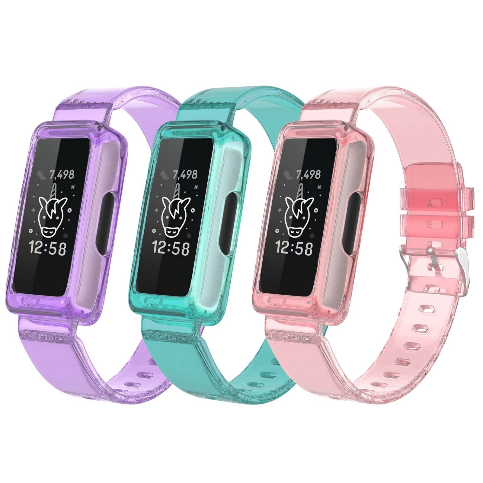 ESeekGo Compatible for Fitbit Ace 3 Bands/Fitbit Ace 2 Bands for Kids TPU  Clear Sport Rugged Bands with Bumper Case Compatible for Fitbit Inspire/Inspire  2/Inspire Hr/Luxe Bands for Women Girls Boys Clear