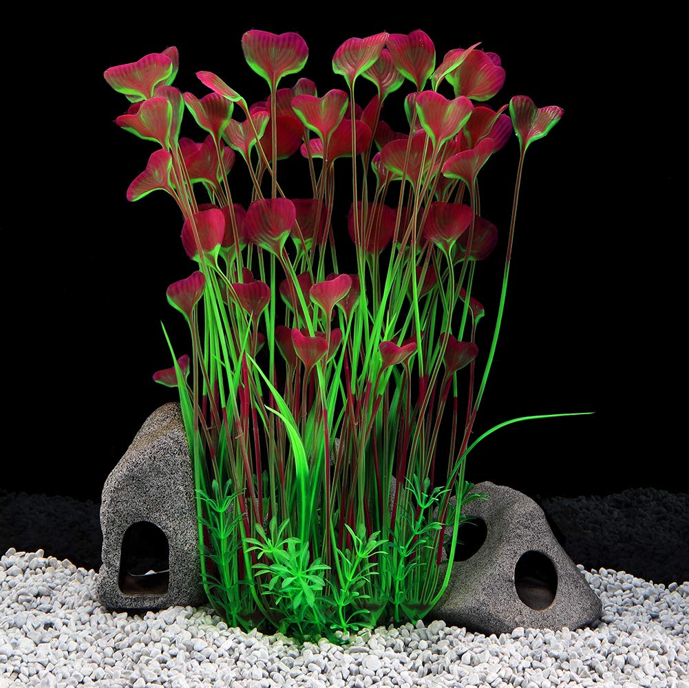 QUMY Large Aquarium Plants Artificial Plastic Fish Tank Plants Decoration  Ornament for Fish A-red 15.7 Inches