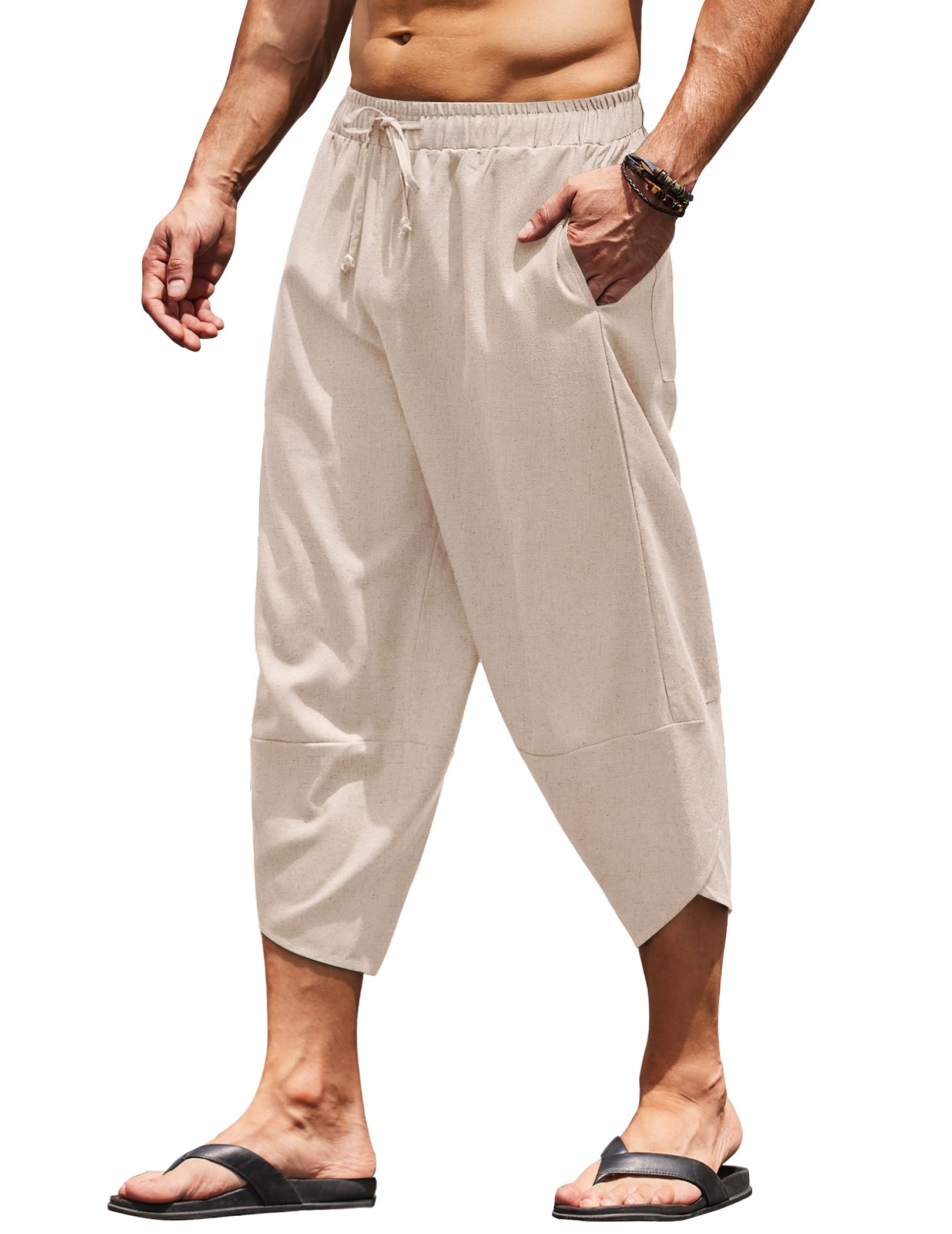 COOFANDY Men's Linen Harem Capri Pants Lightweight Loose 3/4 Shorts  Drawstring Elastic Waist Casual Beach Yoga Trousers