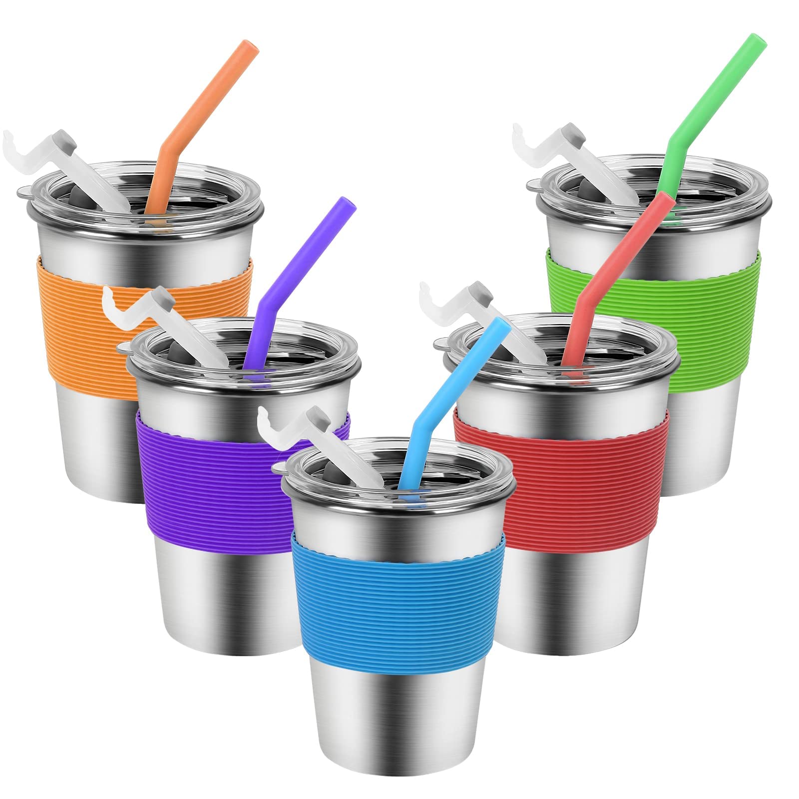 Kids Cups with Straw and Lid Spill Proof 5 Pack 12oz Stainless