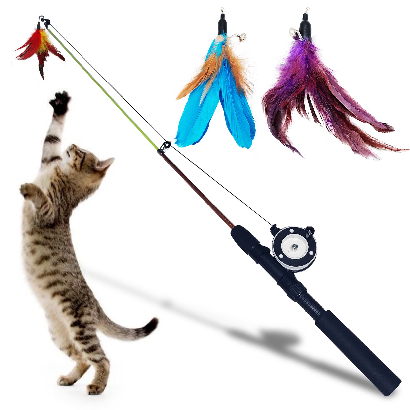 4 PCS Interactive cat Toys Fishing Rod with 10 feet Rope Feather