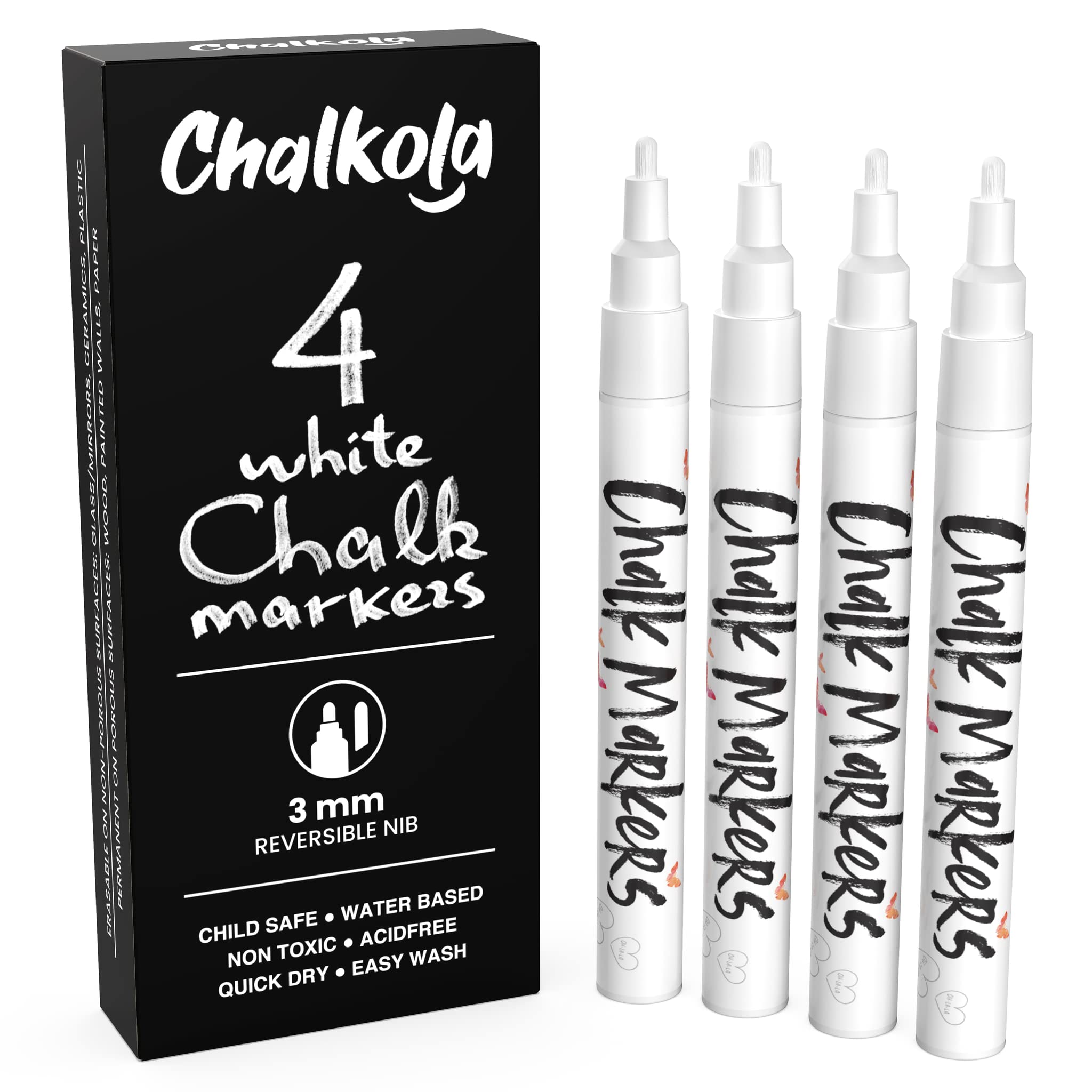 Kassa 4-Pack Fine Tip White Chalk Markers | Includes 2 3mm Reversible  Bullet, Chisel Tips | Works on Chalkboard, Blackboard, Windows & Mirrors 