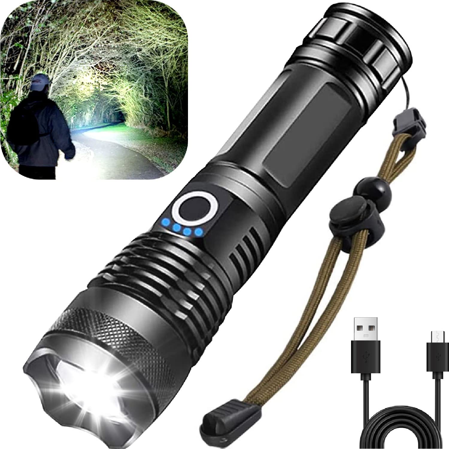 Verpetridure Rechargable Flashlights High Lumens Battery Powered 4-Modes Flashlight with Zoomable Lens,Multi-purpose Outdoor Camping Flashlights LED