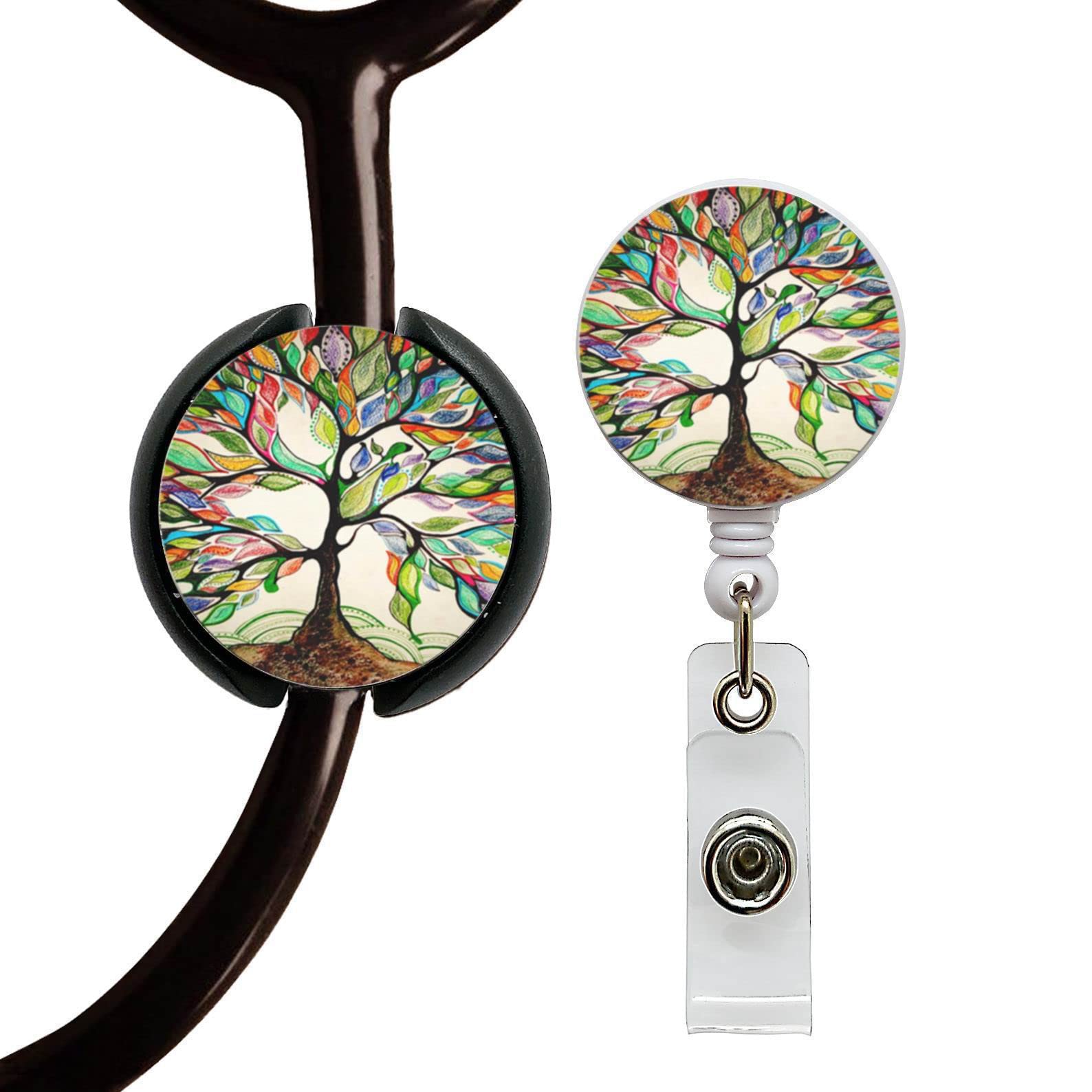 ROFLYER Stethoscope ID Tag Stethoscope Label Charm Name tag Medic Nurse  Doctor Vet EMT Come with 1 Retaractable Badge Reel (Colorful Tree of Life)