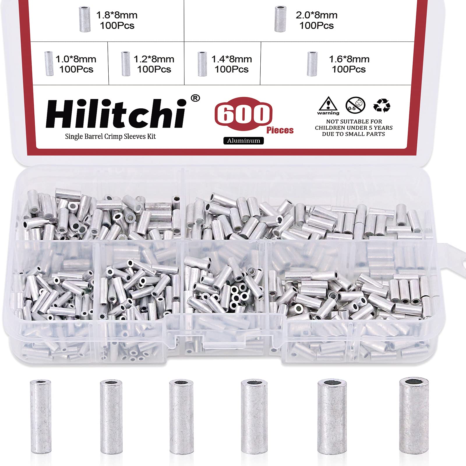 Hilitchi 600 Pcs 6 Sizes Single Barrel Crimp Sleeves Mini Aluminum Crimp Sleeves Connector Kit for Fishing Line for 1.0, 1.2, 1.4, 1.6, 1.8, 2mm Fishi