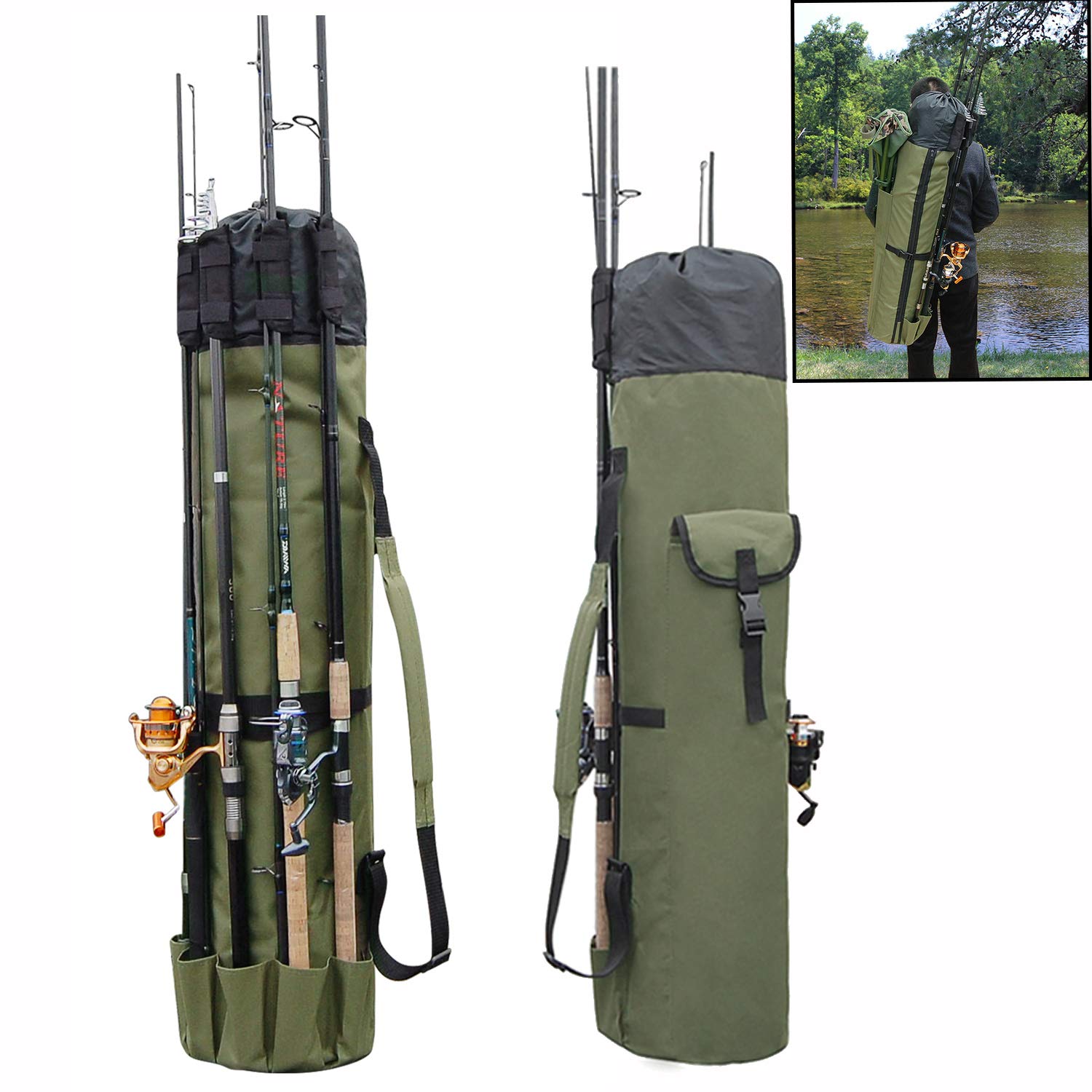 Fishing Rod Bag 5 Poles Carry Case Storage Fishing Rod Multifunction Oxford  Cloth Large-Capacity Heavy Duty Travel Beginners Dark Green