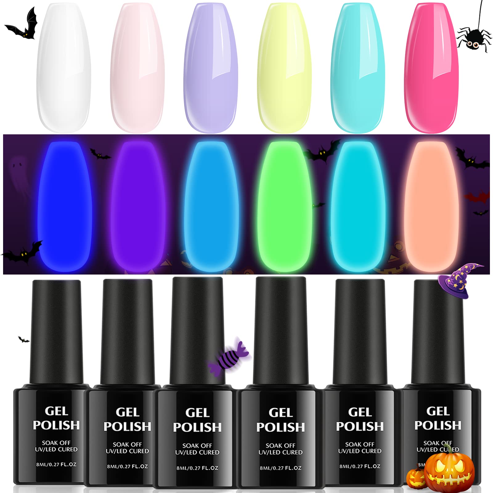 TOMICCA Glow in the Dark Gel Nail Polish Set Halloween Luminous Gel Nail  Polish Fluorescent Bright Light Pink White Color UV Gel Polish Nail Art Kit  B-glow in the dark