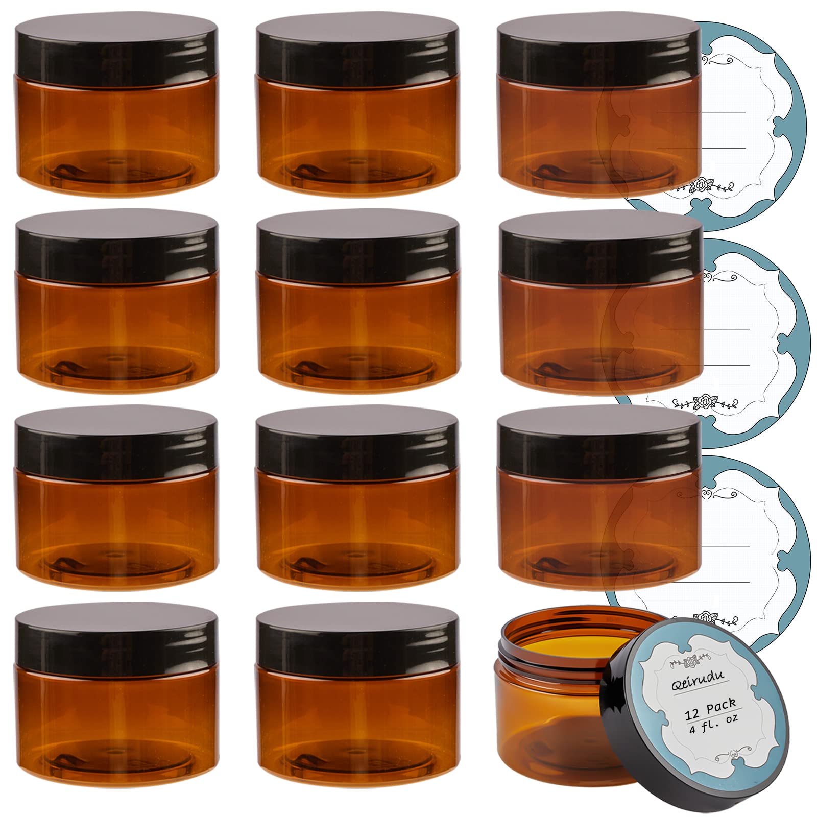 12 pack - Amber, 8 ounce, Round Glass Jars, with Black Lids, Jars