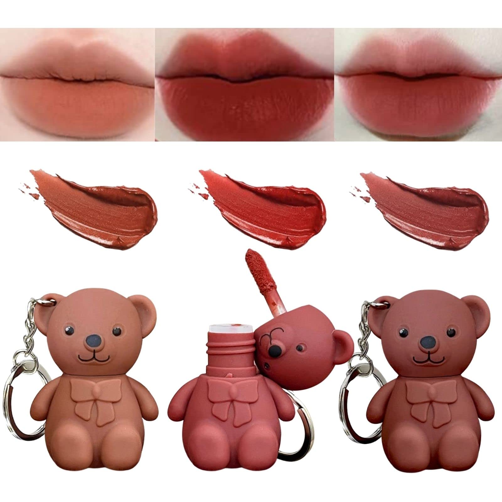 3PCS Keychain Bear Lipsticks 2 in 1 Bear Keychain Velvet Matte Lipstick Lip  Mud Set 2 in 1 Key Chain Bear Lipstick Mist Matte Velvet Lipgloss  Moisturizing Lip Cute Bear Beauty Makeup