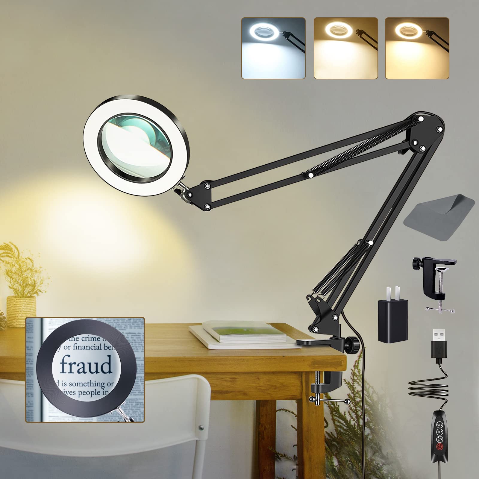 5 Inch Large Magnifying Glass with Light and Stand, 5 Color Modes Stepless  Dimma