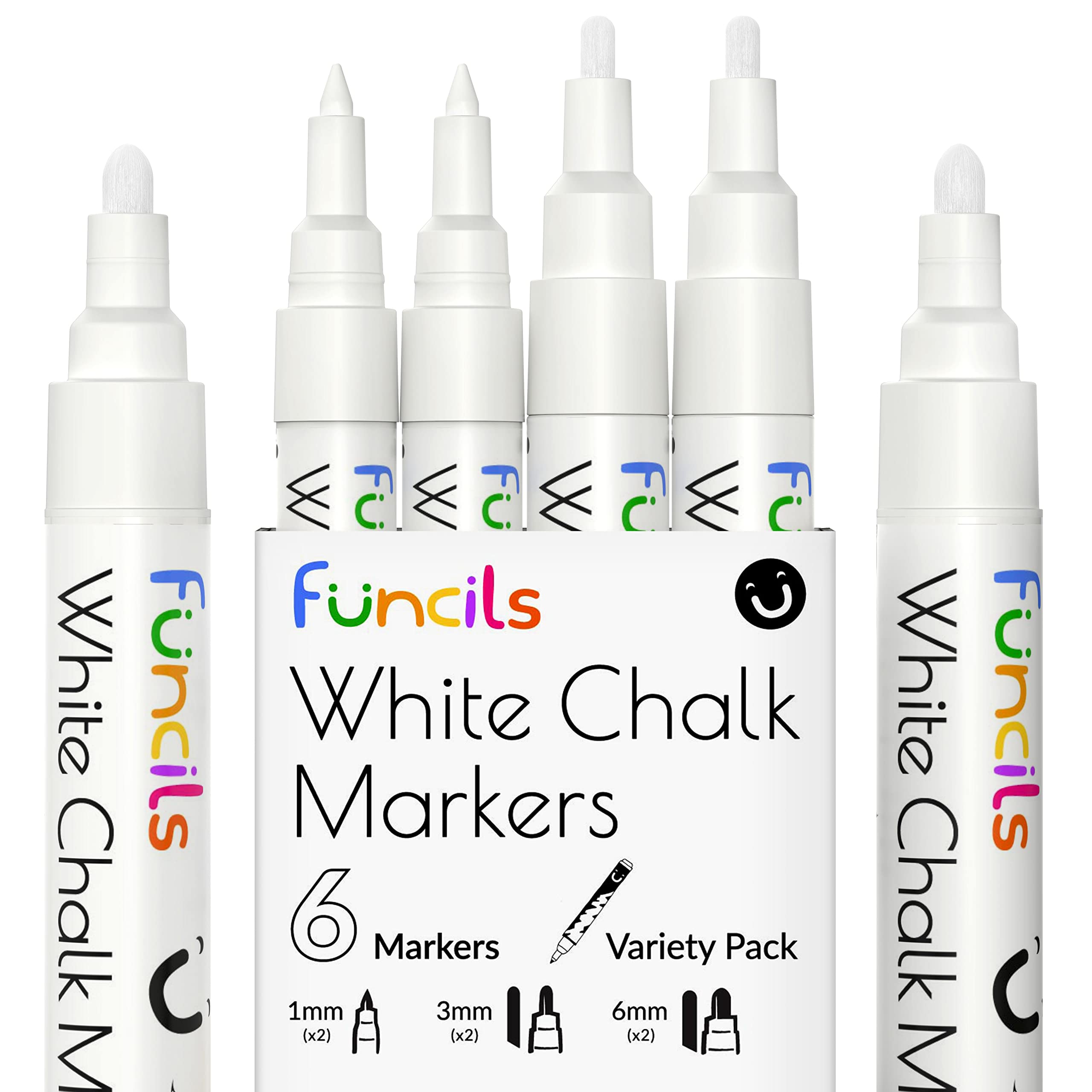 Funcils White Chalk Markers for Chalkboard Signs, Blackboard, Window,  Labels, Bistro, Glass, Cars - Variety Pack of 6 - (2x) 1mm Extra Fine, 3mm  Fine Tip & 6mm Bold Tip
