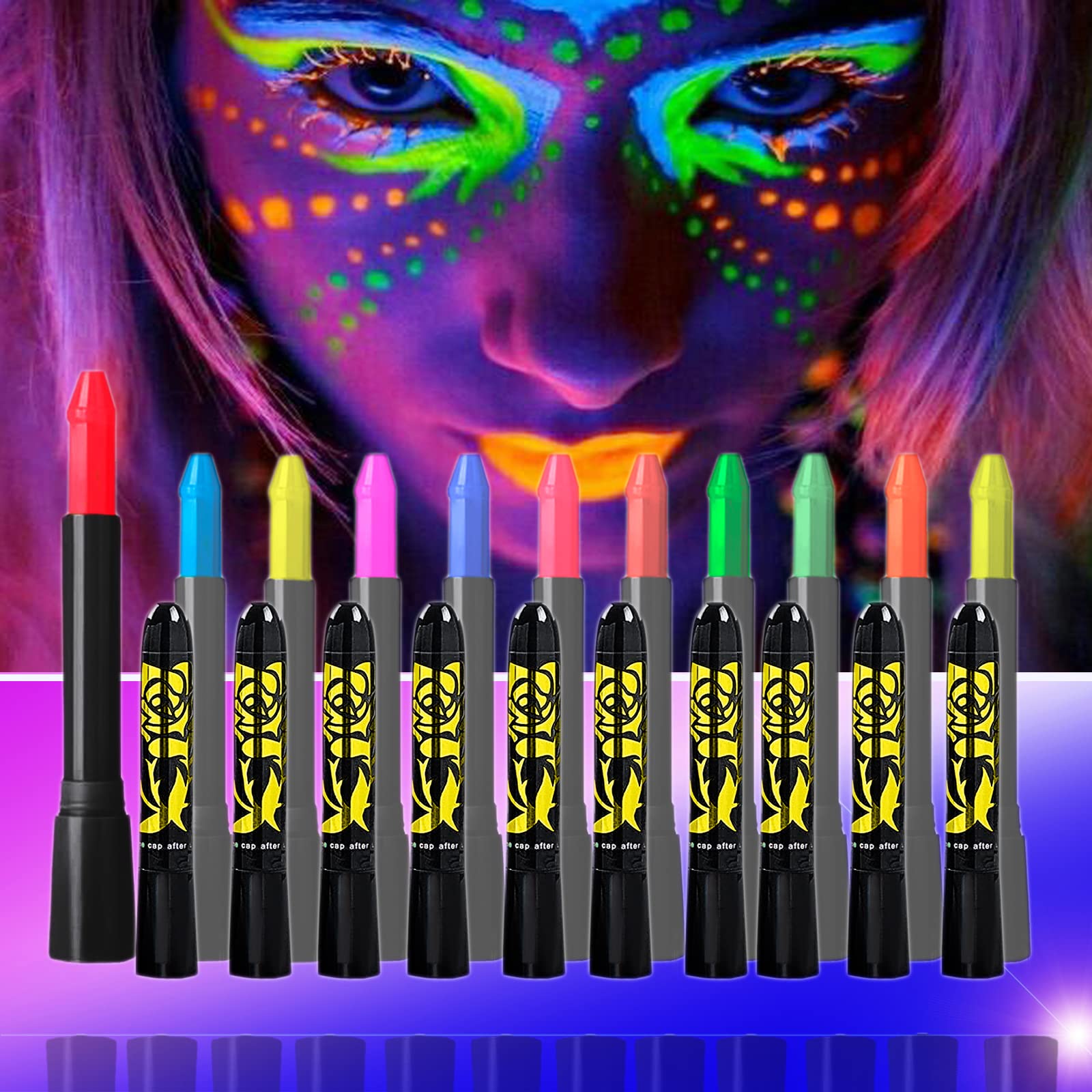 12 Colors Glow In The Dark Under Black Light Face & Body Paint, UV