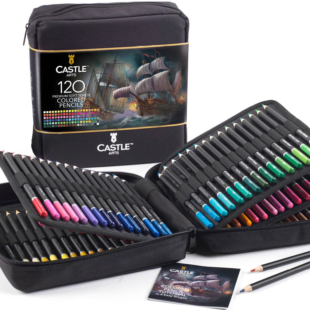 Castle Art Supplies 120 Colored Pencils Zipper-Case Set, Quality Soft Core  Colored Leads for Adult Artists, Professionals and Colorists