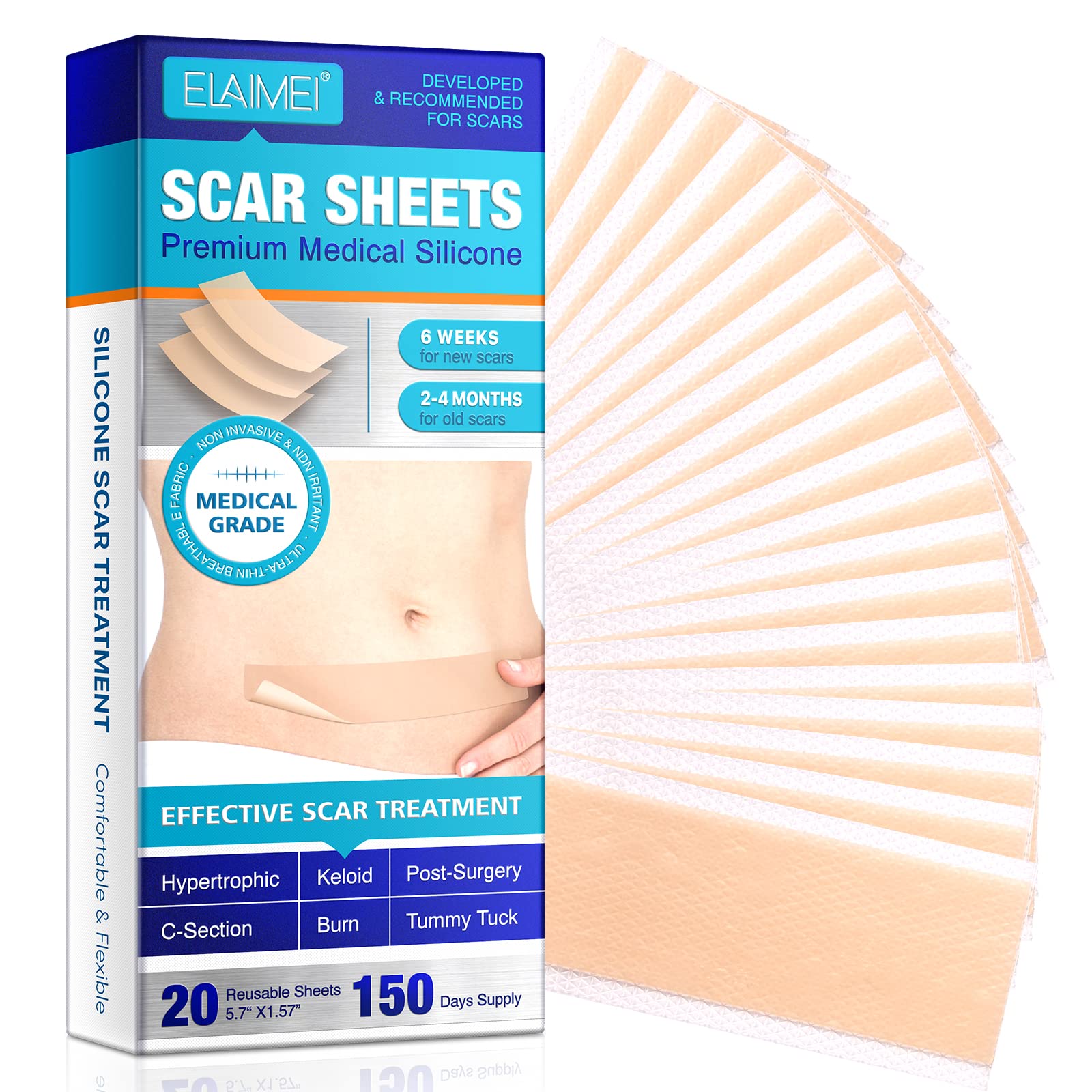 Silicone Scar Sheets (1.6”x 130”, 3.3M), Professional Silicone Scar Tape,  Silicone Scar Strips, Reusable Scar Removal Sheets for Surgical Scars