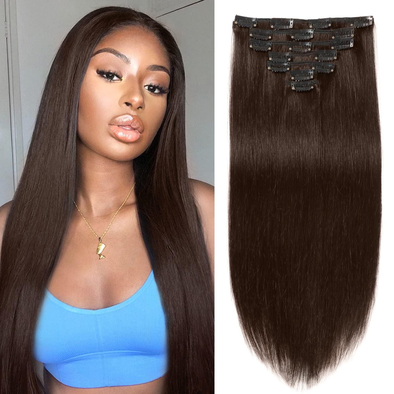 Clip in Hair Extensions Real Human Hair for Black Women 20 Inch 2