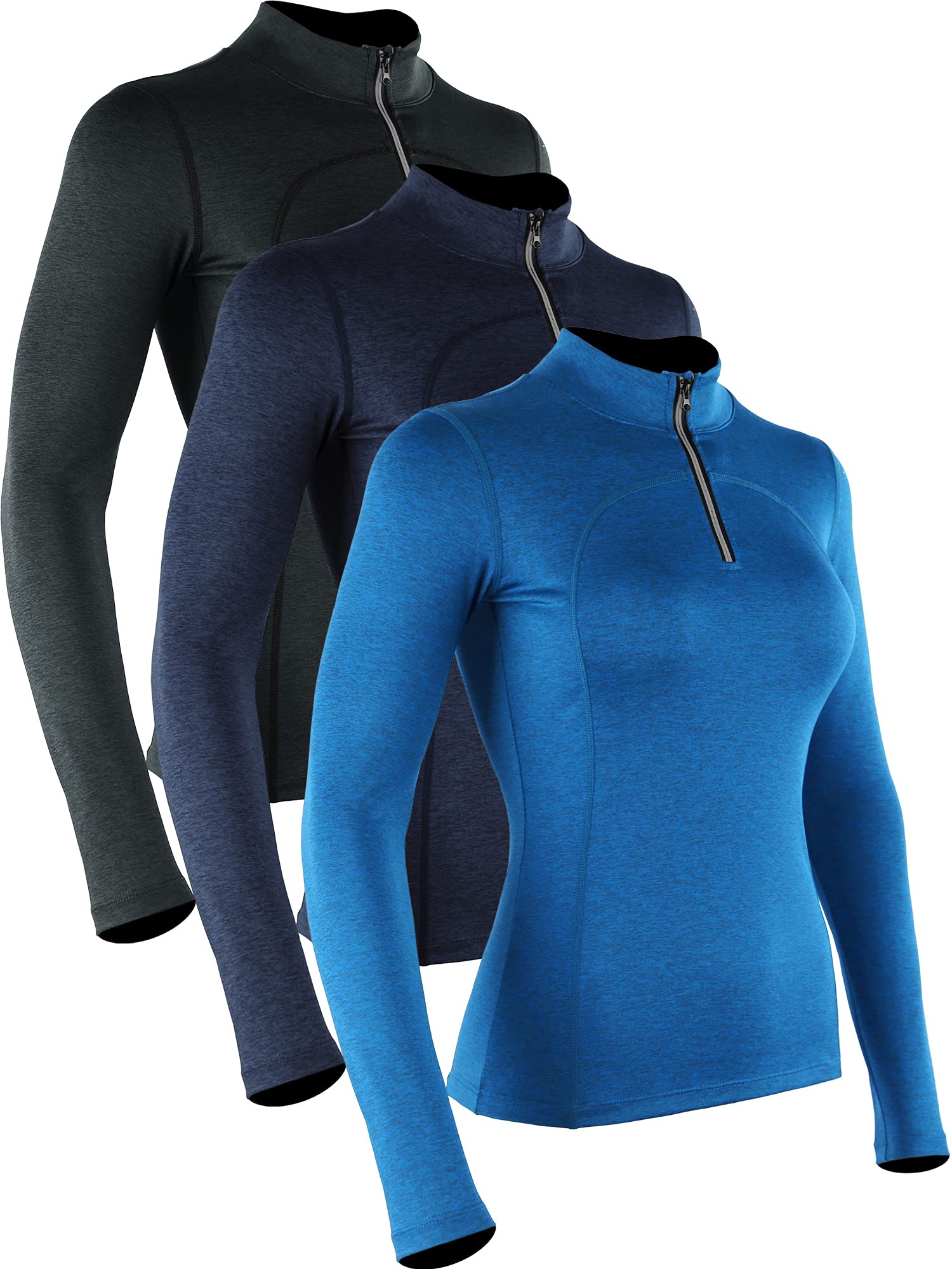 CADMUS Women's Compression Long Sleeve Shirts for Hiking Running Dry Fit  Tights X-Large #603: 3 Pack Black & Navy Blue & Blue