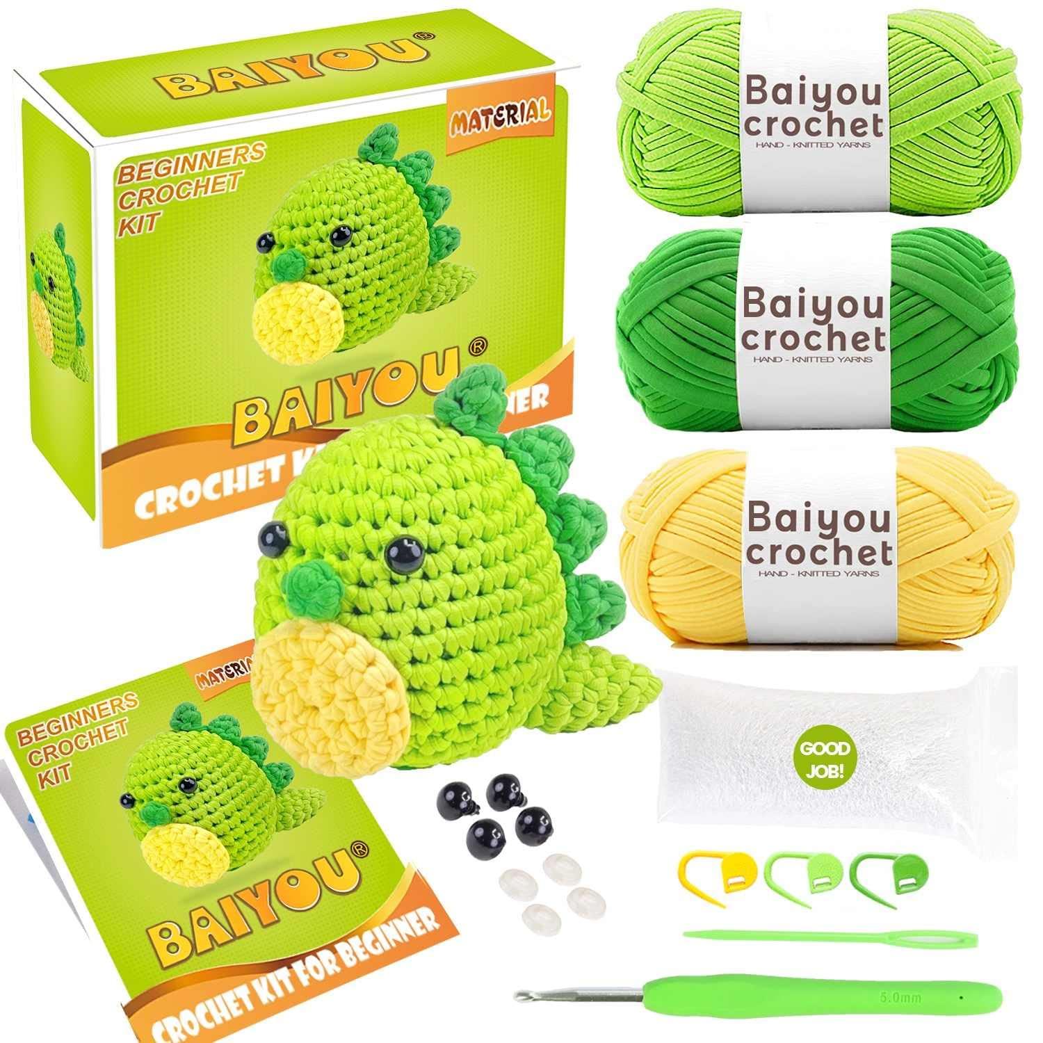 Cute Dinosaur Crochet Kit for Beginners, Beginner Crochet Starter Pack Kit  for Complete Beginners Adults, Crocheting Knitting Kit