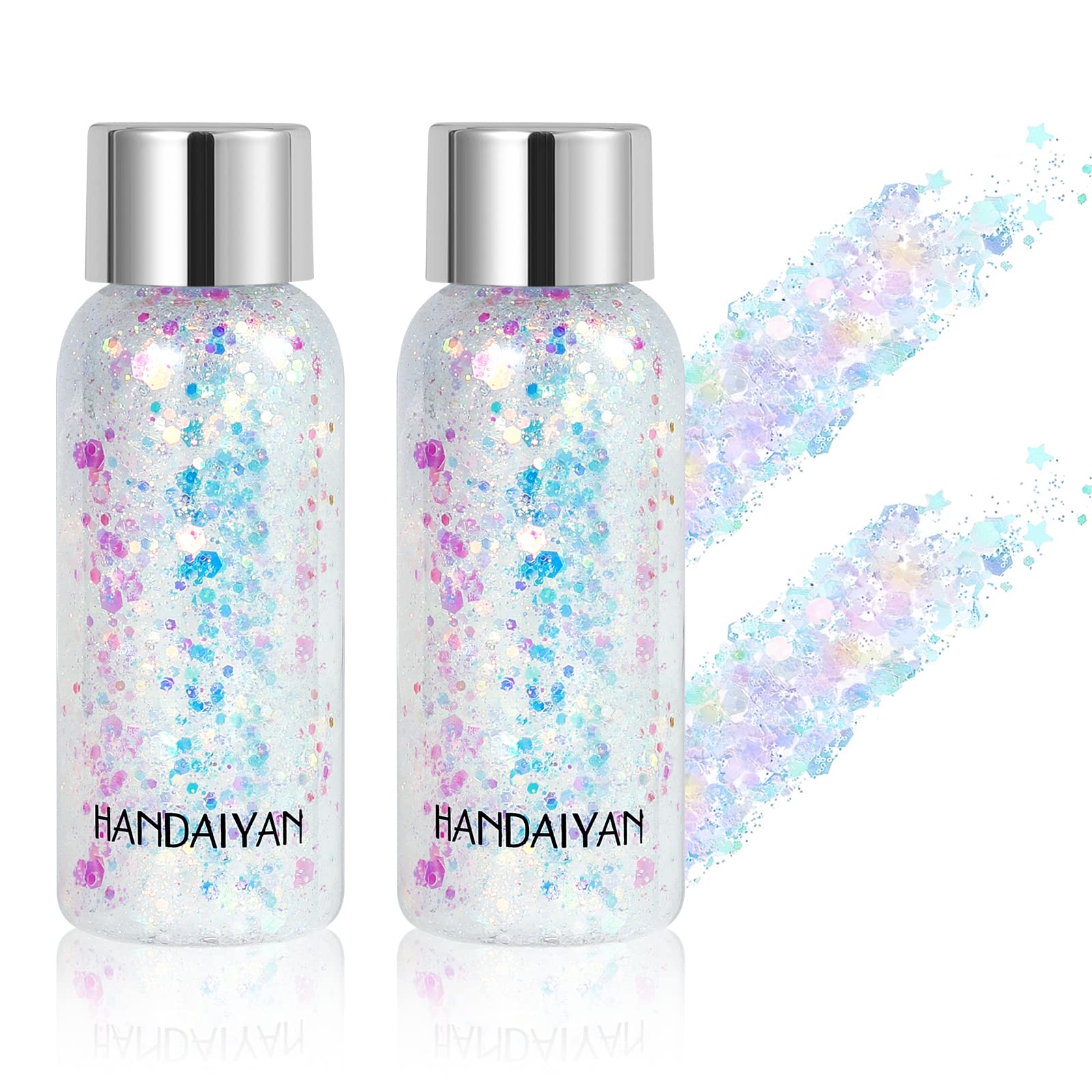 Face Glitter Gel, 2 Jars Holographic Chunky Glitter Makeup for Body, Hair,  Face, Nail, Eyeshadow, Long Lasting and Waterproof Mermaid Sequins Liquid  Glitter Total 6 Colors Available (#6, White, 2PCS)