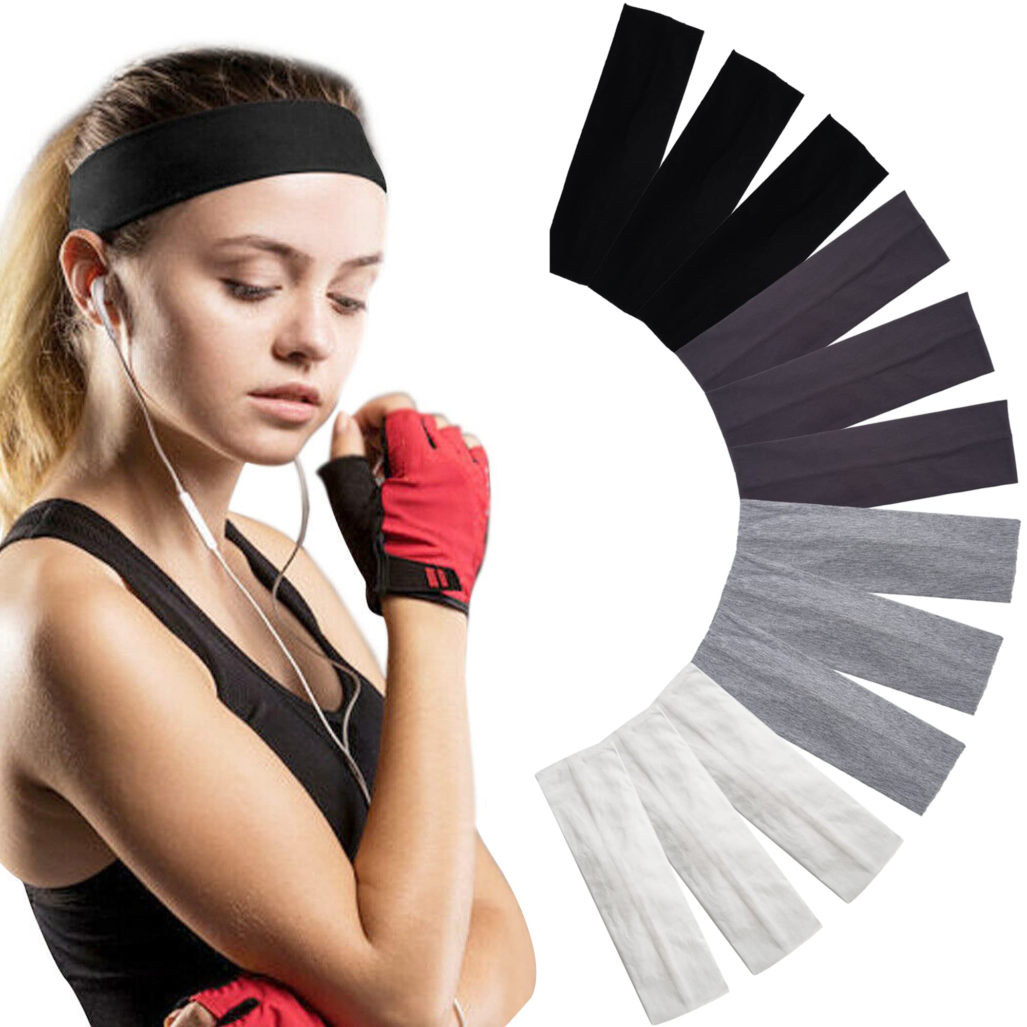BBGifts 12 Pack Cotton Stretch Headbands Women Girls Non-Slip Head Wraps Workout  Headbands for Sports