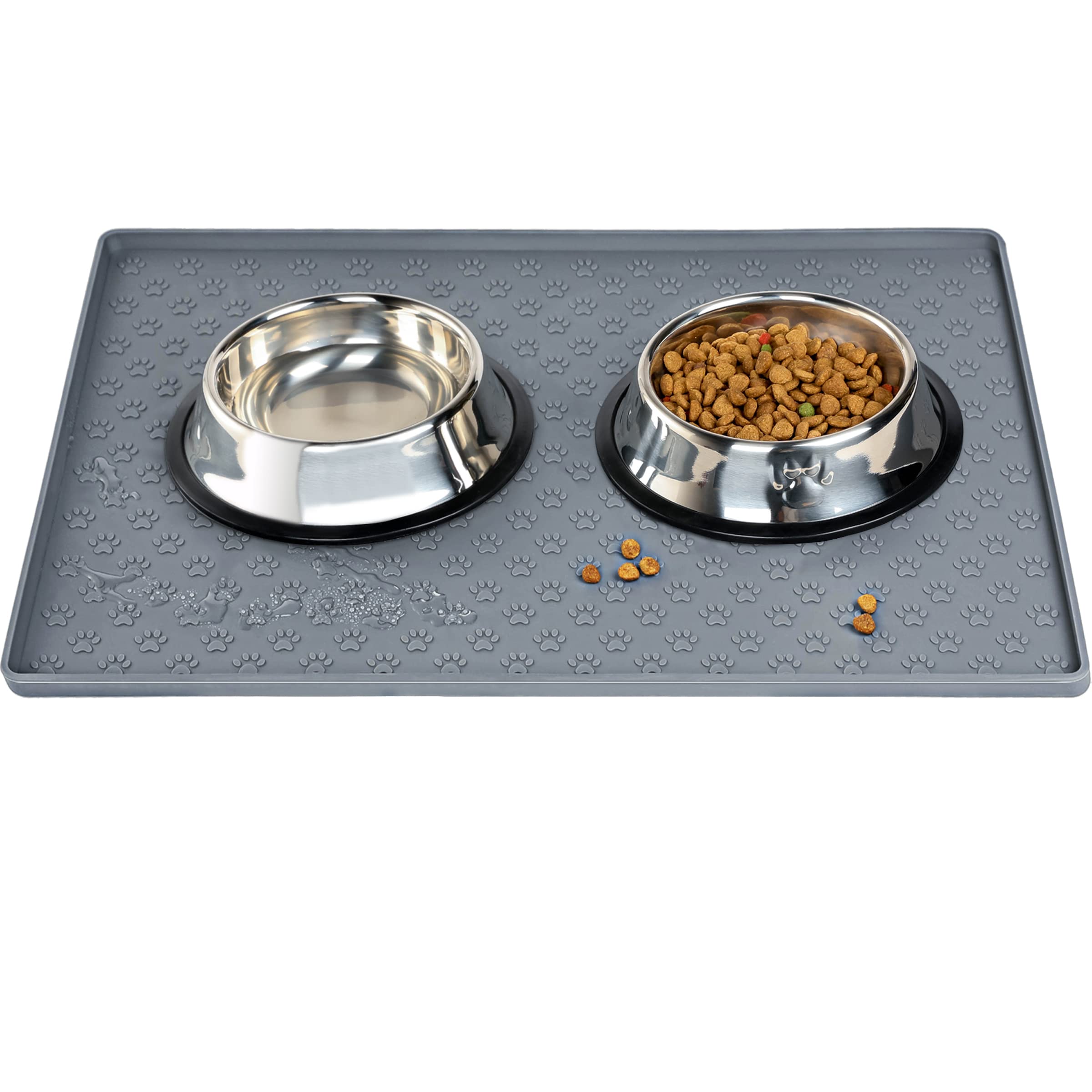 Dog Food Mat - Silicone Dog Mat for Food and Water - 28 x 20 Pet Feeding  Mats with Residue Collection Pocket - Waterproof Dog Cat Bowl Mat with High