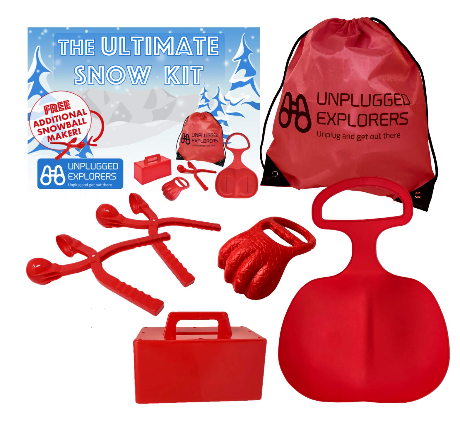 Unplugged Explorers 6 pc. Ultimate Snow Toys kit, Winter Sports- 1 Red  Sled, Snow Brick Maker, Snow Digger & Snow Mold, 2 Snowball Makers (1 Free)  1 Oversized Winter Toys Storage Gift Box
