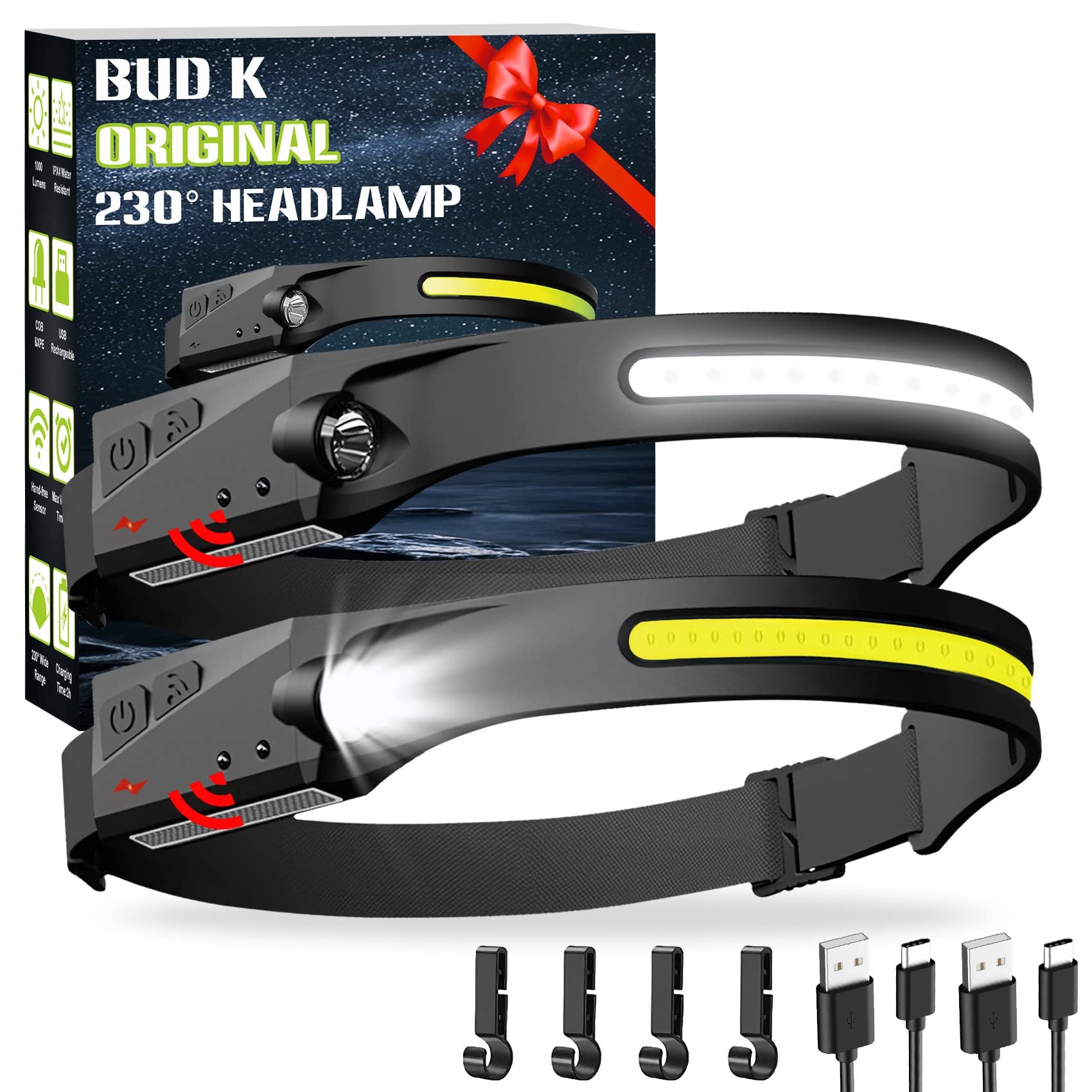 Rechargeable Headlamp 2Pack, 230Wide Beam Headlamp for Adults, LED Headlamp  with Clips-Camping Gear, 6 Modes