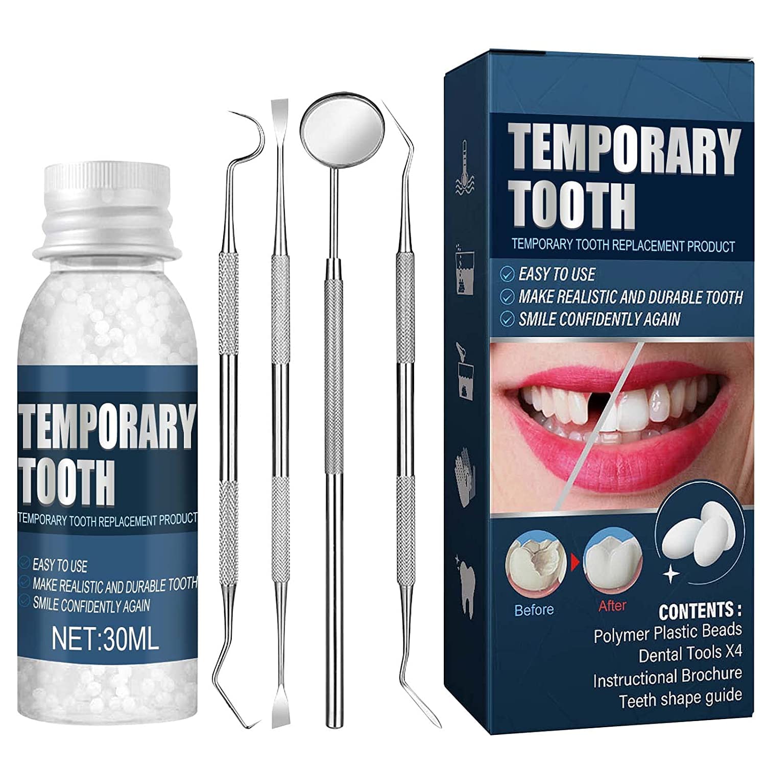 Tooth Repair Kit-Thermal Fitting Beads Granules and Fake Teeth for  Temporary Fixing Missing and Broken Tooth，Replace a Missing Tooth in  Minutes for