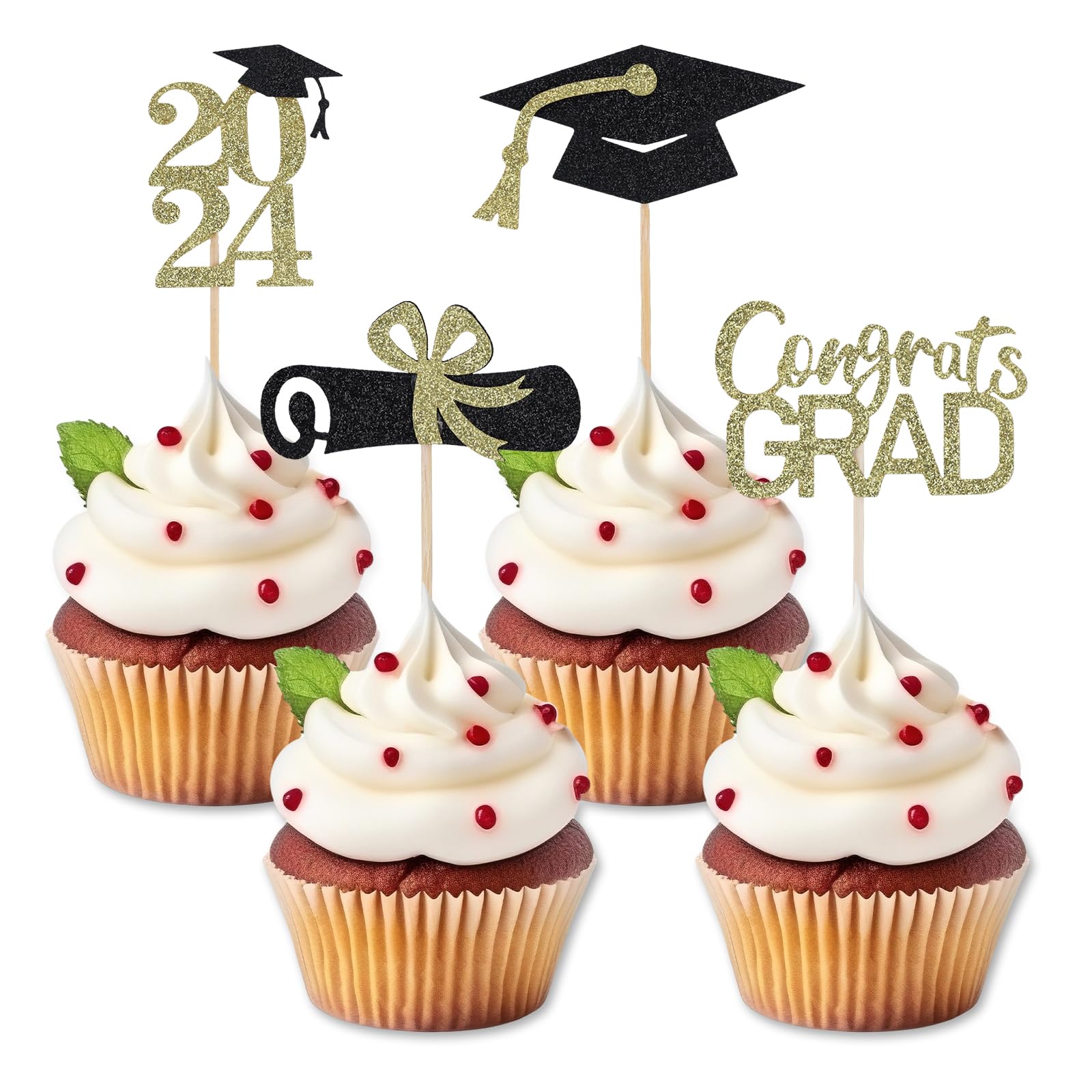 36pcs Graduation Cupcake Toppers 2024 Glitter Graduation Cap Diploma ...