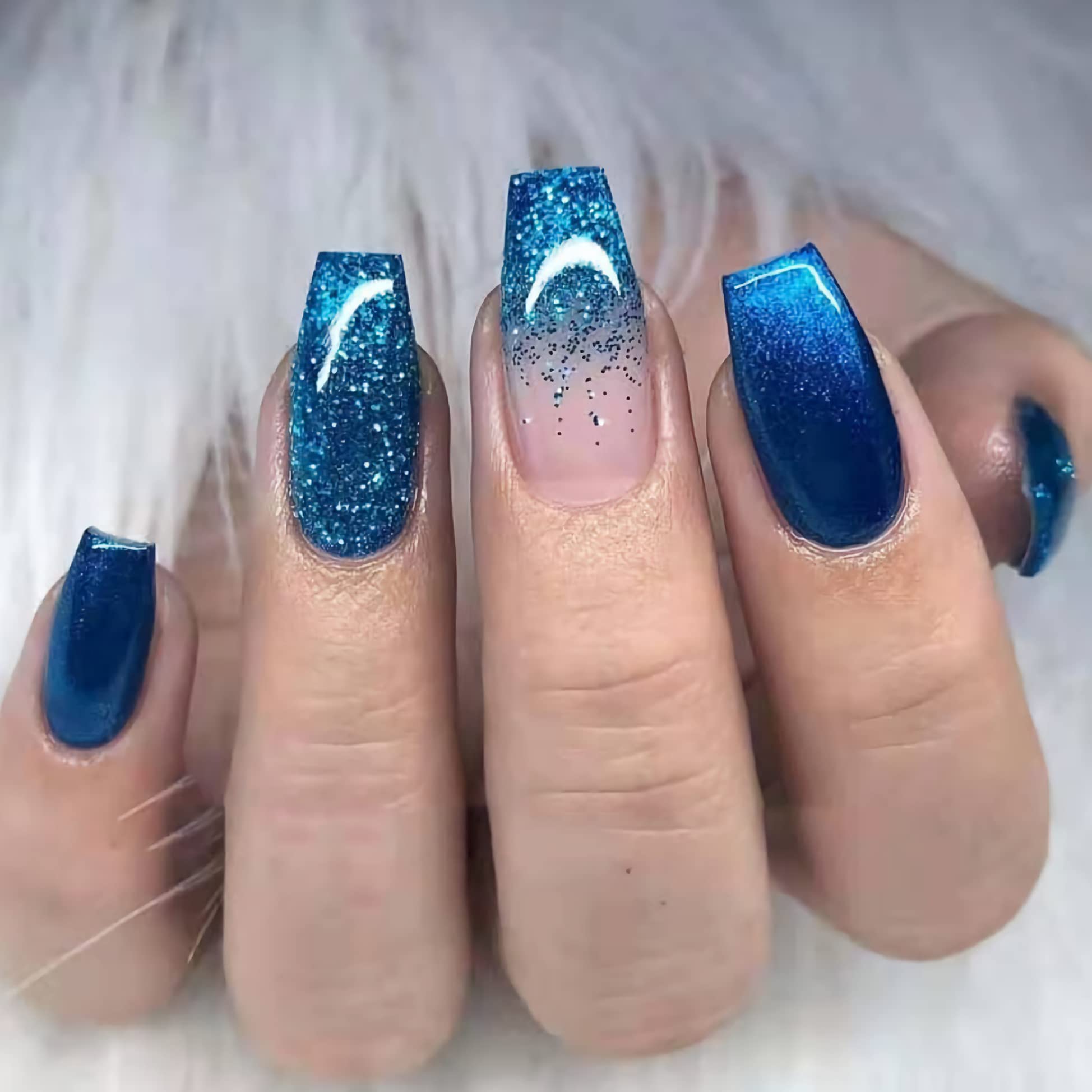 MISUD Medium Coffin Press on Nails, Blue Gradient Fake Nails, Glitter  Artificial False Nails with Double