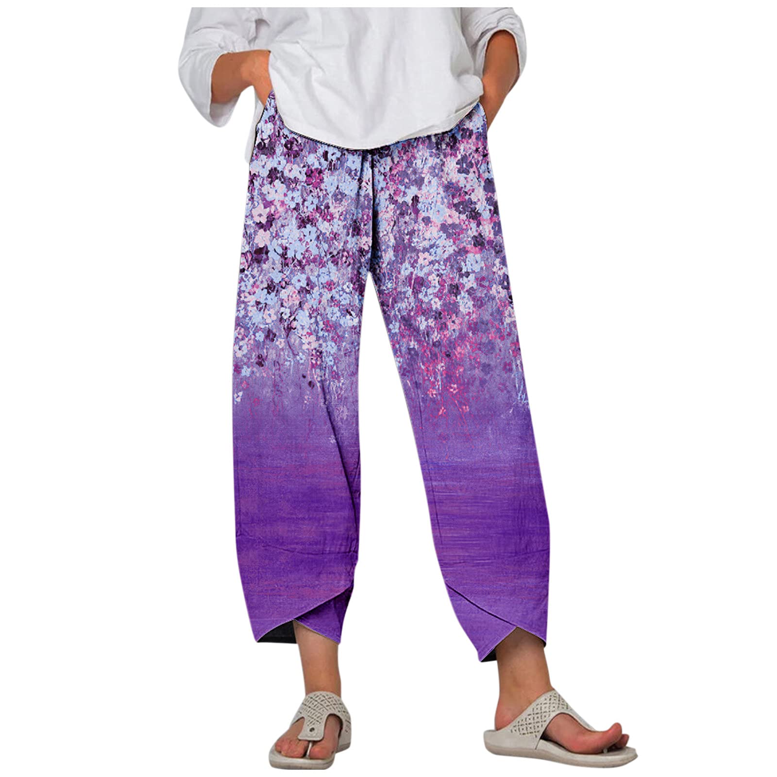 Linen Cropped Pants Women,Women's Casual Summer Capri Pants Cotton Linen  Print Wide Leg Ankle Pants