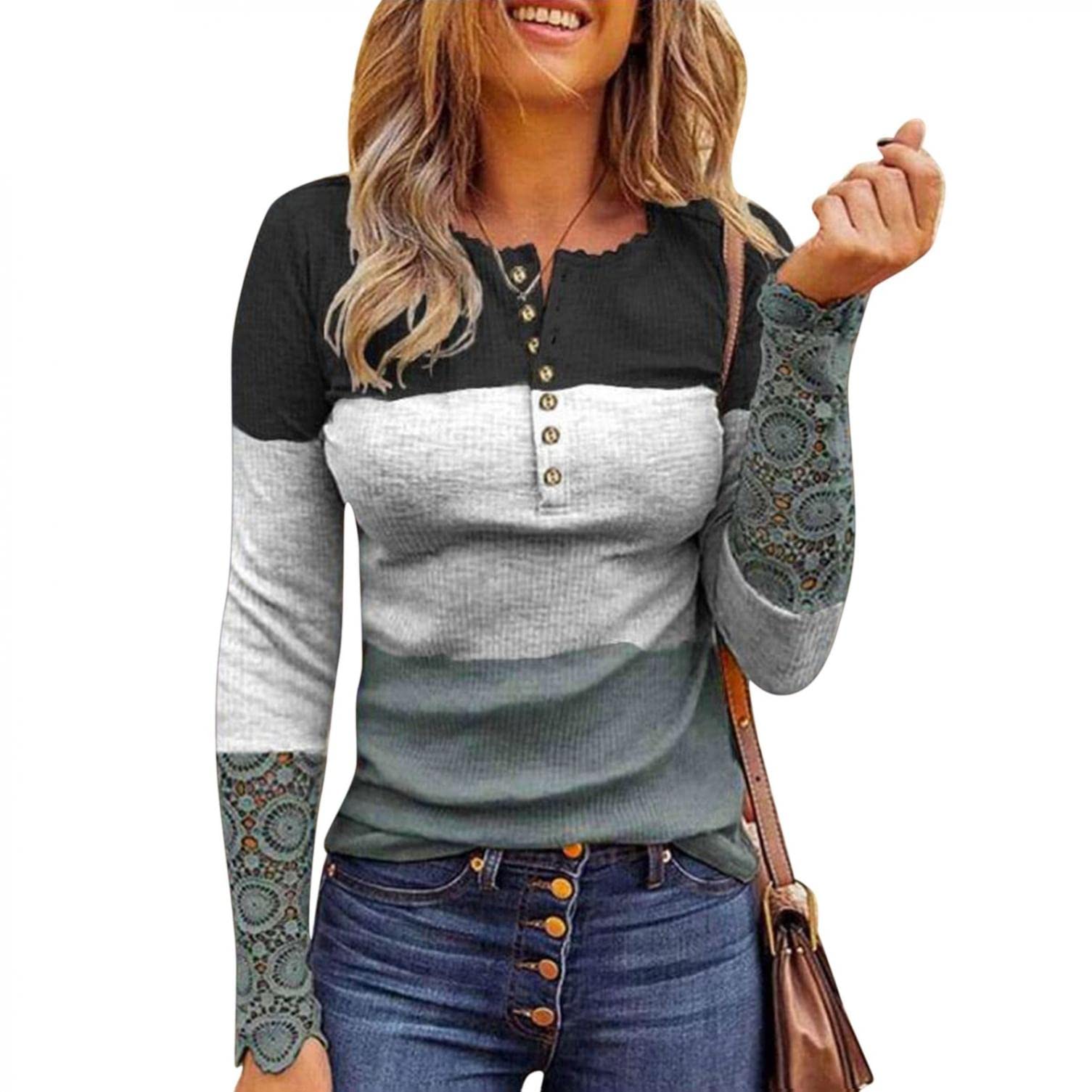 Womens Long Sleeve Henley Tops Casual Button Up Tunic Blouse Ribbed Slim  Fit Shirts Y2K Lace Patchwork Pullover Shirt, A, Medium : :  Clothing, Shoes & Accessories