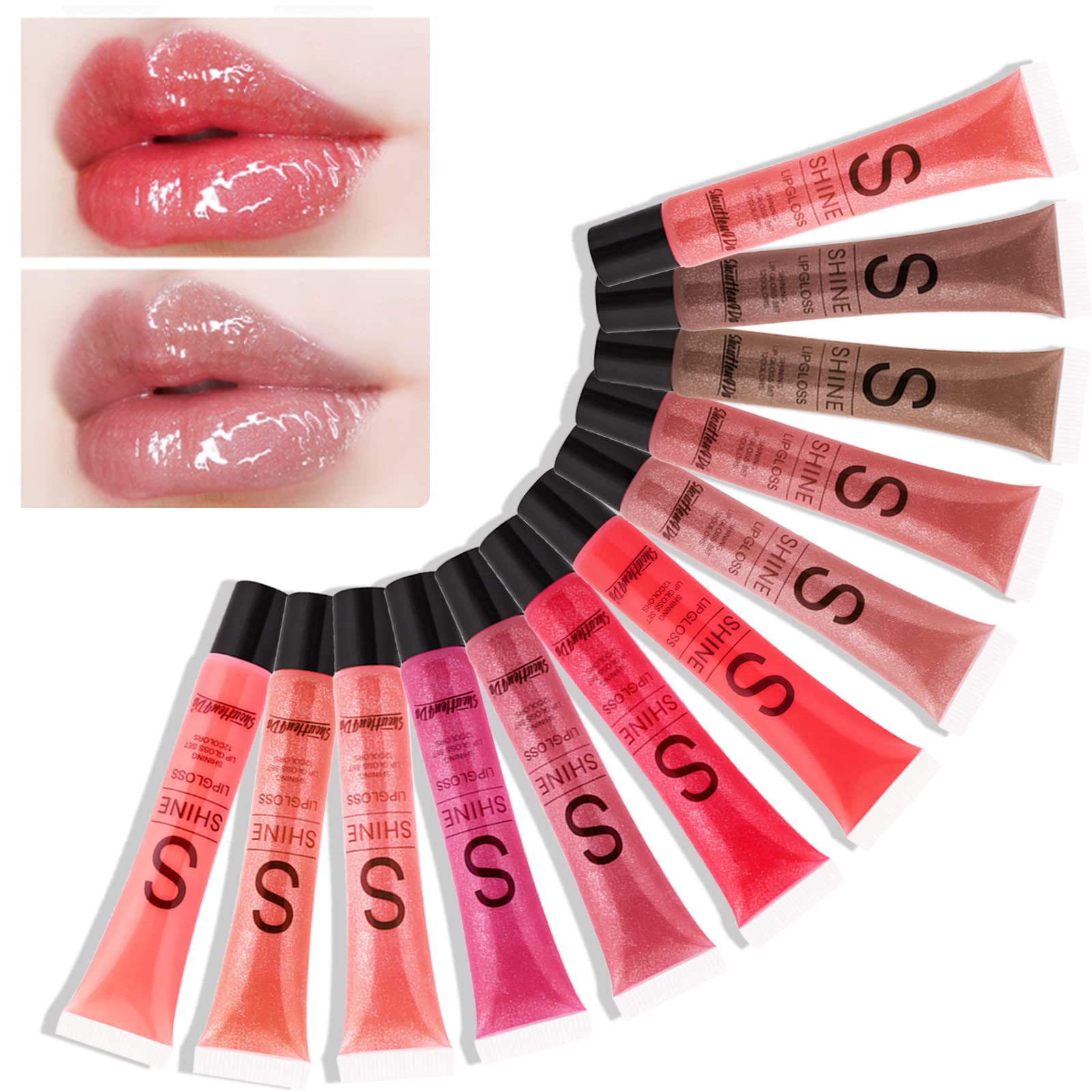 12 Color Lip Gloss Set,12Pc Shimmery Lipgloss Sets for Women and  Girls,Colorful Crystal Sparkling