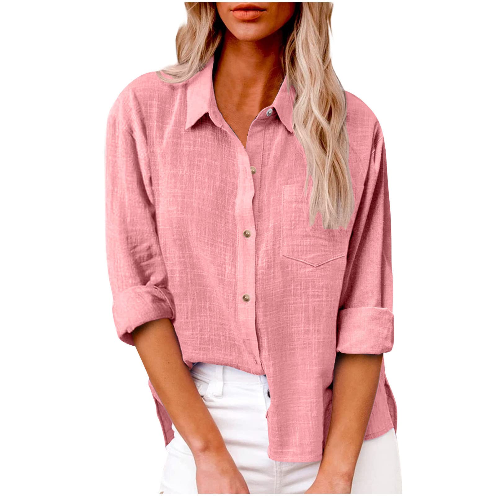 ABABC Womens Tops Dressy Casual Button Down Shirts Cotton Linen V Neck T-Shirt  Summer Fashion 2023 Blouse Loose Fit Tunics XX-Large Pink