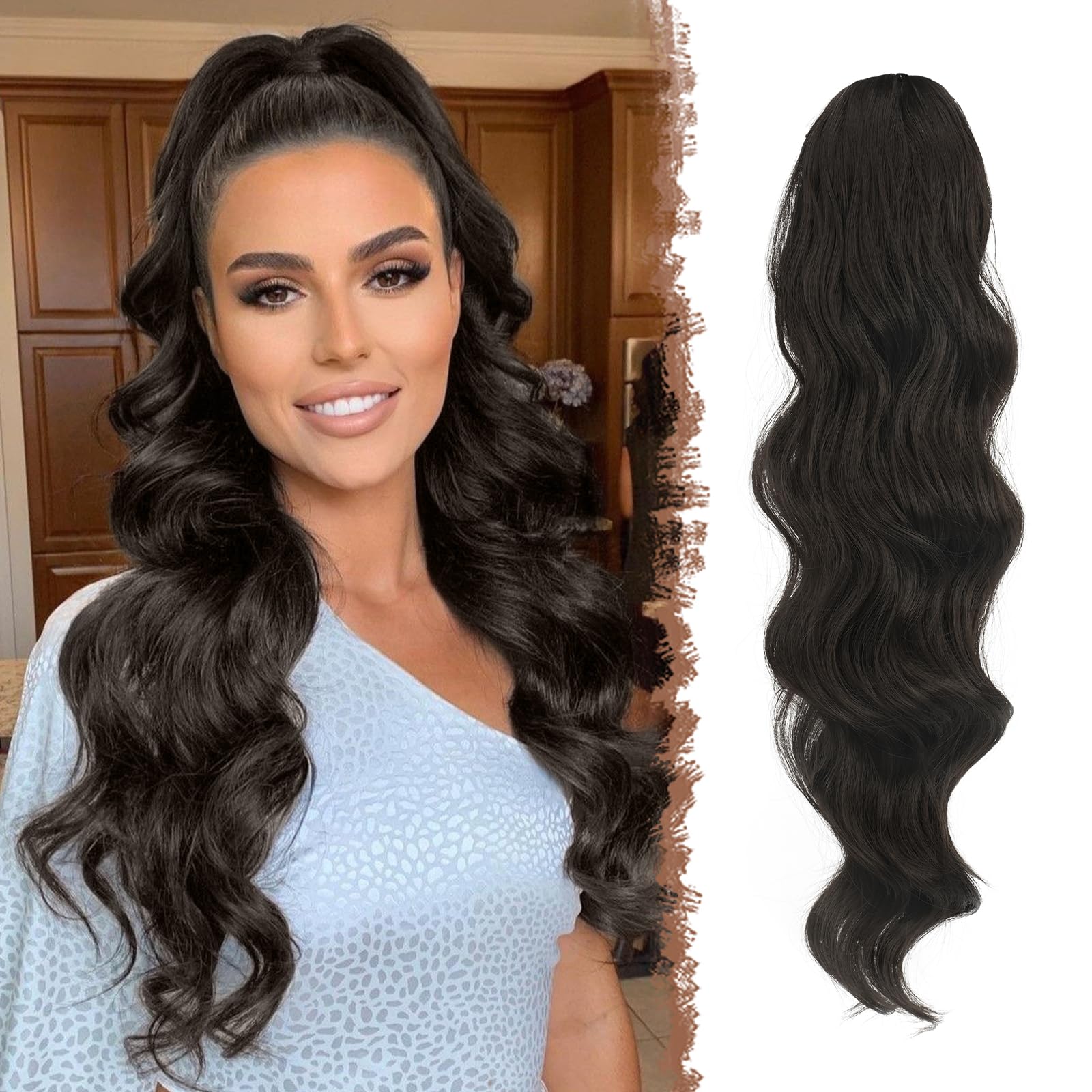 FESHFEN Long Ponytail Extension Curly Wavy Clip in Synthetic