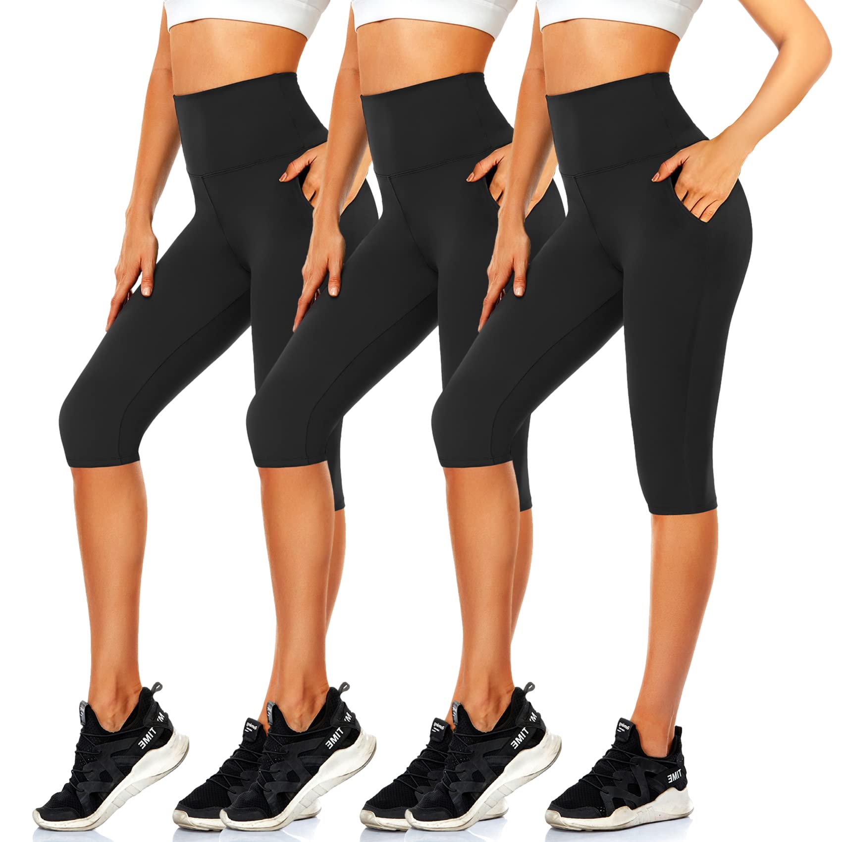 WHLBF Women's Plus Size Pant Knee Length Leggings High Waisted Yoga Workout  Exercise Capris Summer with Pockets Khaki 12(XXL) 