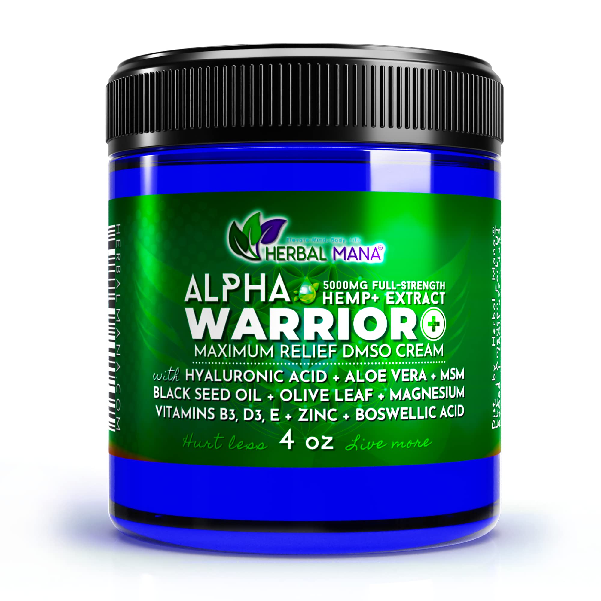 Herbal Mana Alpha Warrior with 5000mg Hemp & 99.9% Pure DMSO Cream -  Maximum Strength MSM Hyaluronic Acid Gel Magnesium Oil Topical Hot Balm -  Organic ICY Muscle Soothing - Bruise Freeze