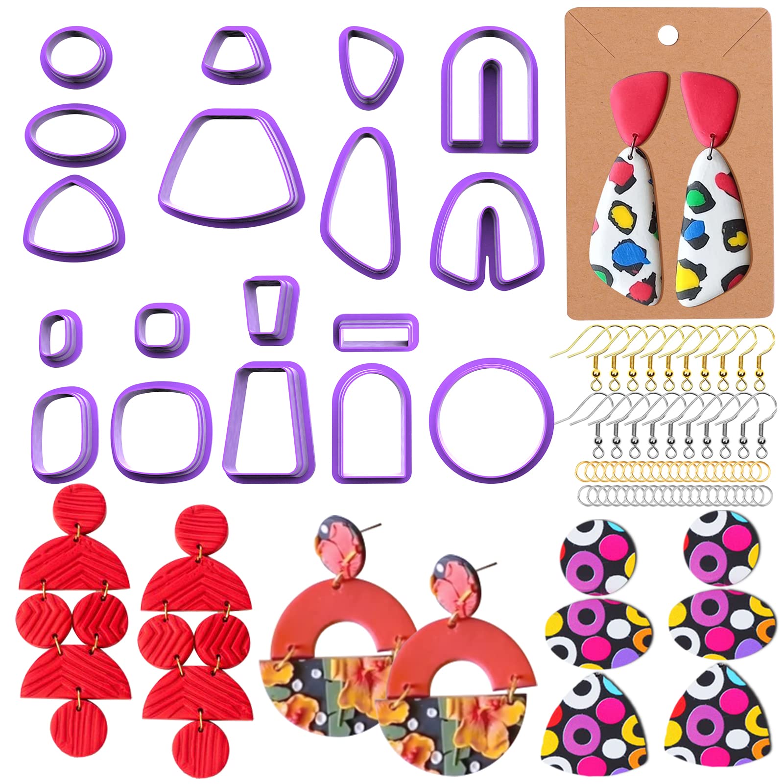 18 Pcs Plastic Polymer Clay Earring Cutters with Earring Cards Earring  Hooks Jump Rings Earring Backs Self Sealing Bags Different Shape DIY Clay