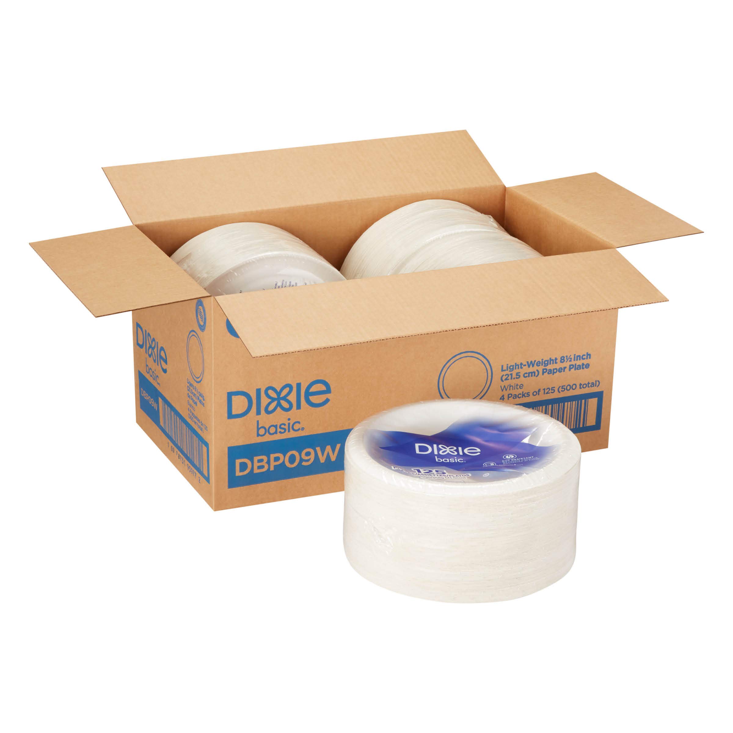 Dixie Basic 8.5 Light-Weight Paper Plates by GP PRO (Georgia-Pacific),  White, DBP09W, 500 Count (125 Plates Per Pack, 4 Packs Per Case) 8.5 in  Unwrapped