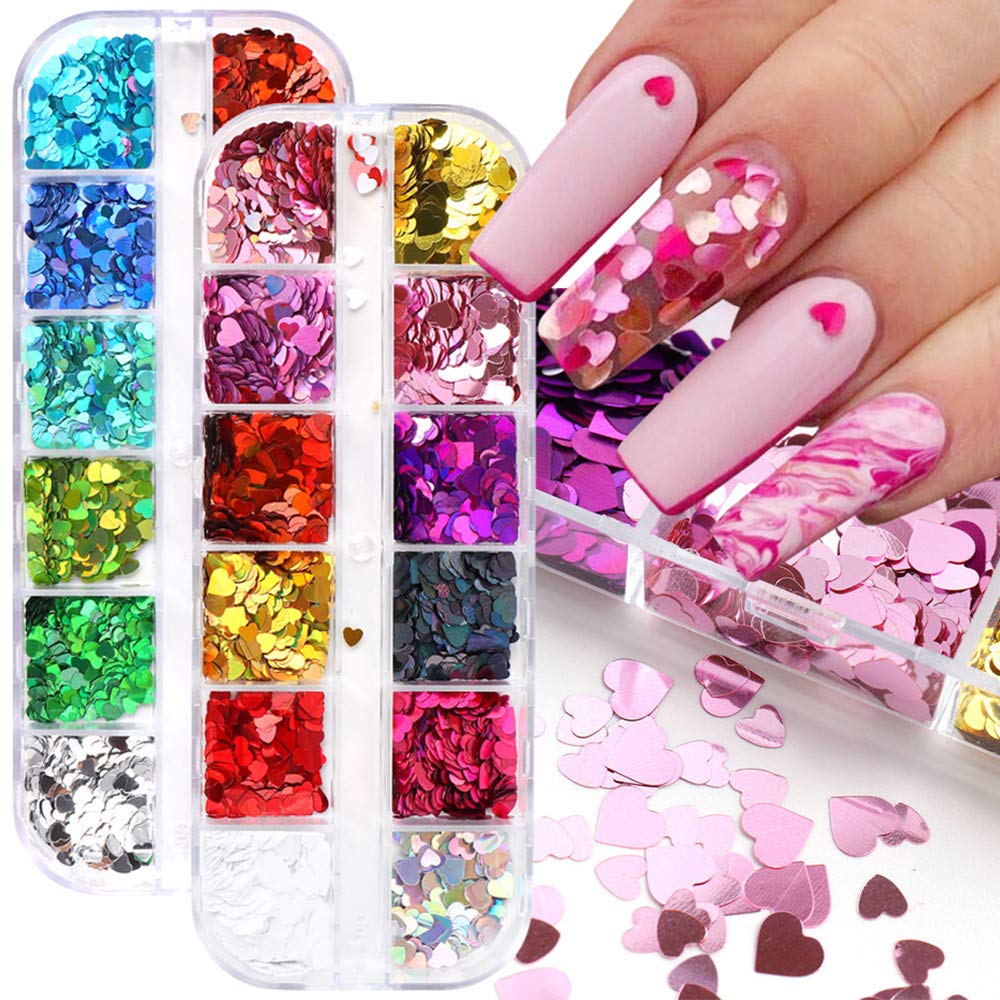  Holographic Nail Art Glitter Sequins, 3D Gold Pink