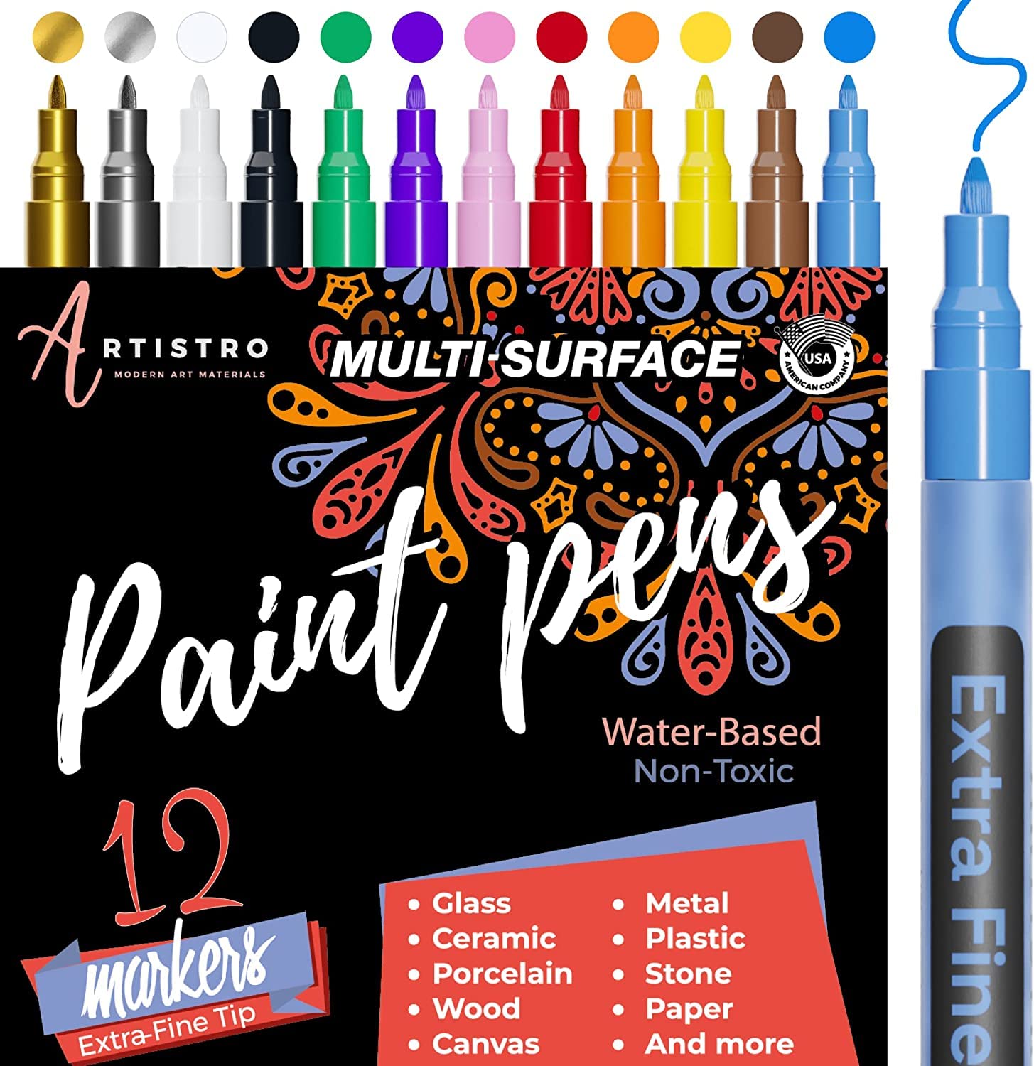 ARTISTRO Paint Pens for Rock Painting Stone Ceramic Glass Wood Canvas. Set  of 12 Acrylic Paint Markers Extra-fine Tip 12 Extra-Fine Tip