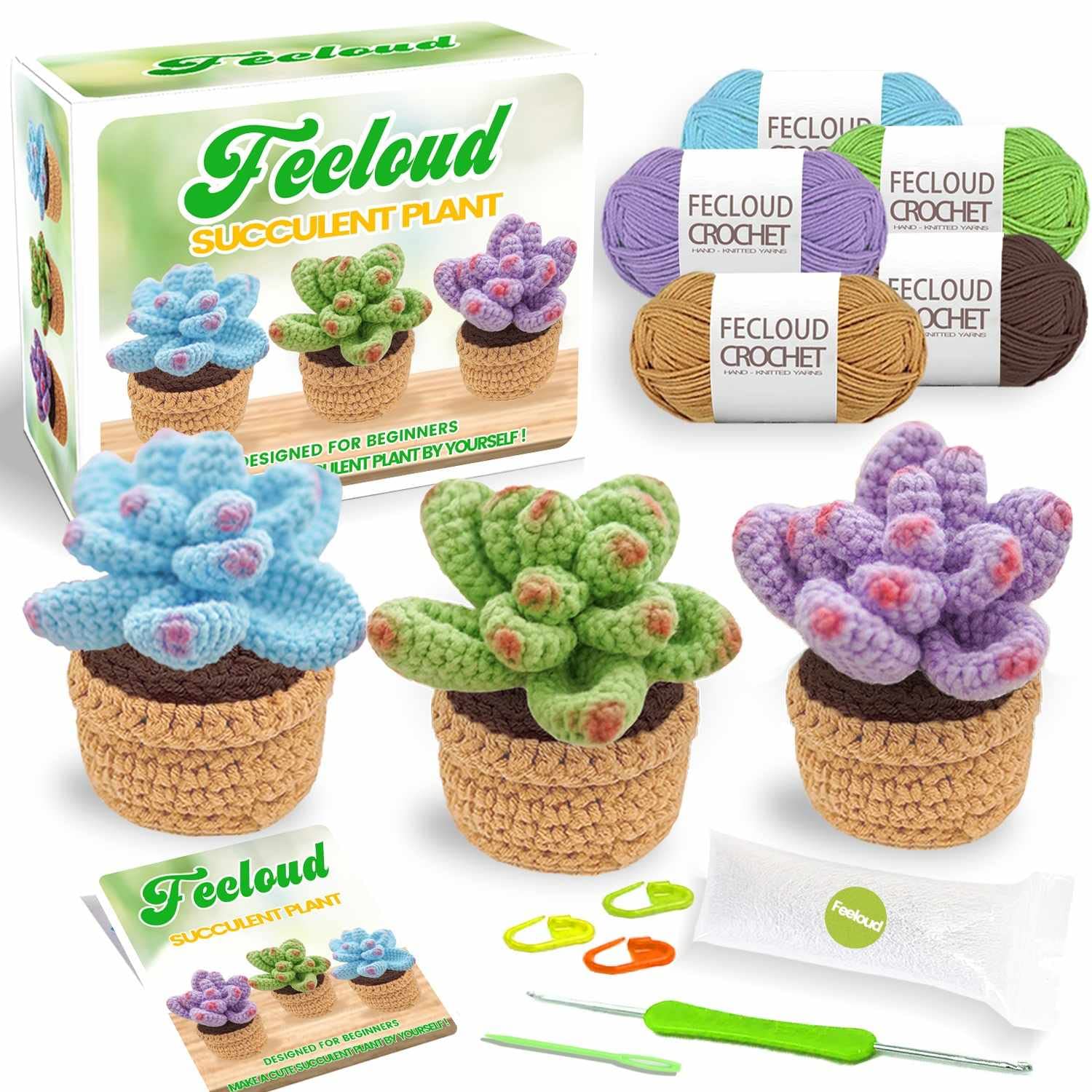 Crochet Kit for Beginners,2PCS Succulents Beginner Crochet Kit for  Adults,Crocheting Knitting Kit with Step-by-Step Video Tutorials