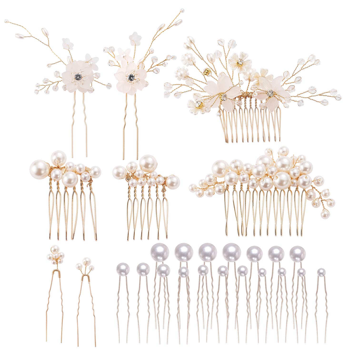 inSowni 26 Pack Gold Flower Pearl Wedding Bridal Hair Side Combs+U