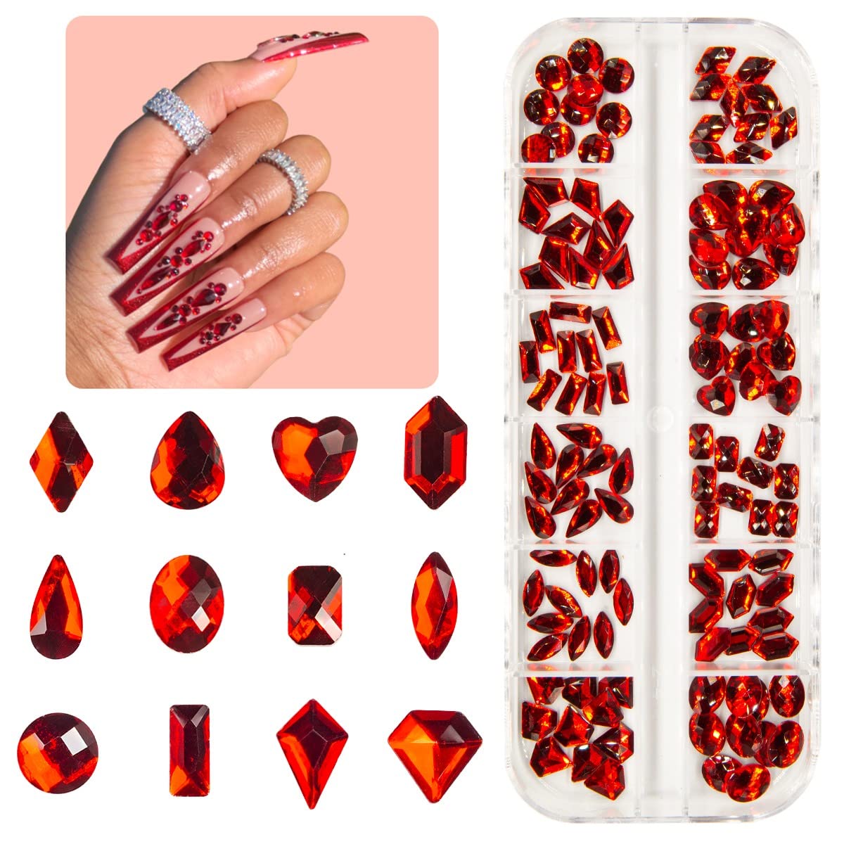 Red Nail Rhinestones for Nails 810Pcs Nail Art Red Crystal Gems
