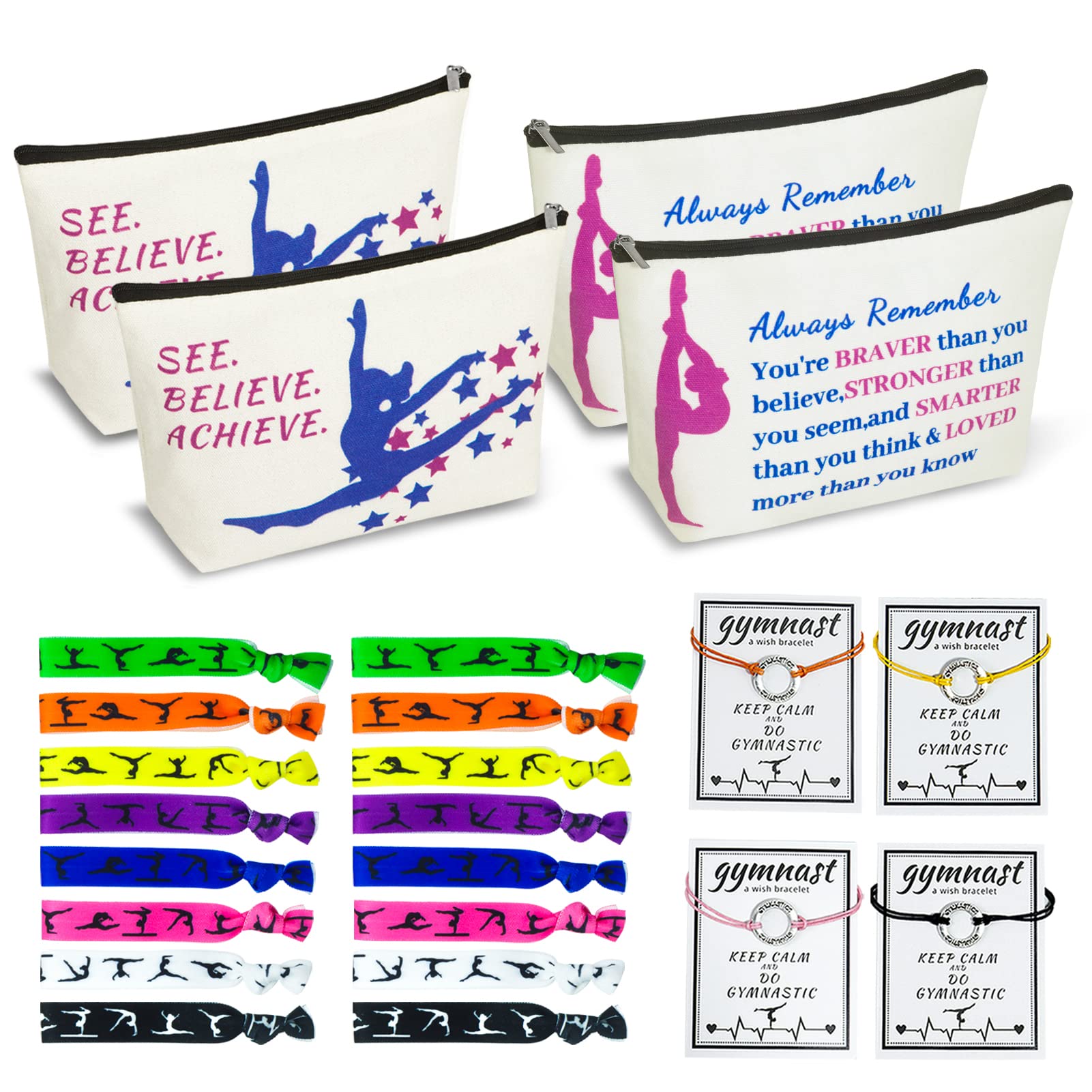 BEDSIFV 24Pcs Gymnastics Gifts for Girls, 4 Gymnastics Makeup Bags