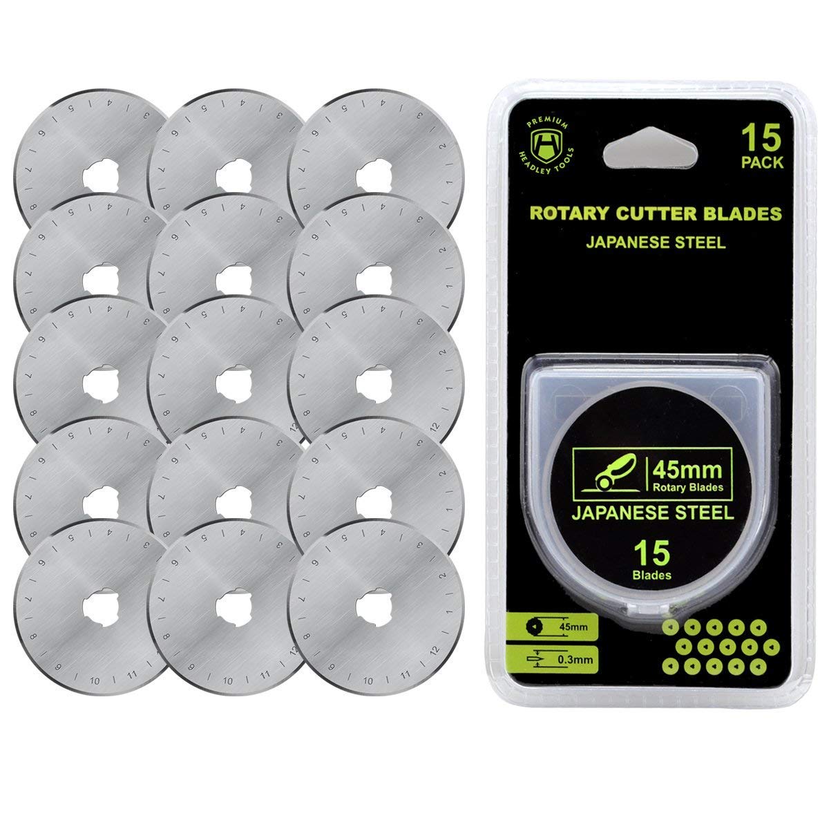 HEADLEY TOOLS 45mm Rotary Cutter Blades 15 Pack Fits Olfa, Fiskars,  Replacement Rotary Blade for Arts