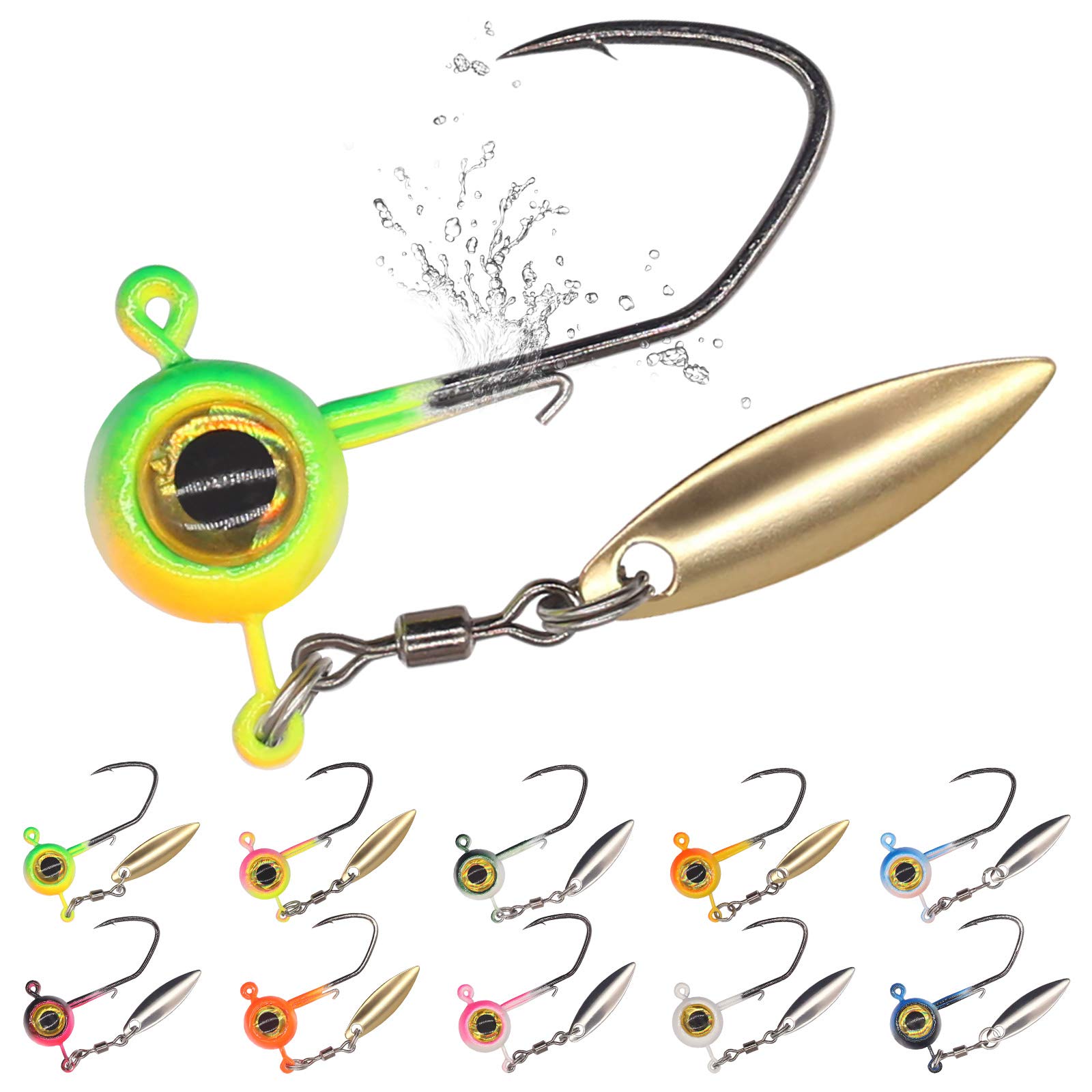 18Pcs Crappie Jig Head Kit Flat Round Ball Head 3D Eyes with Spinner Blade  underspin Jig