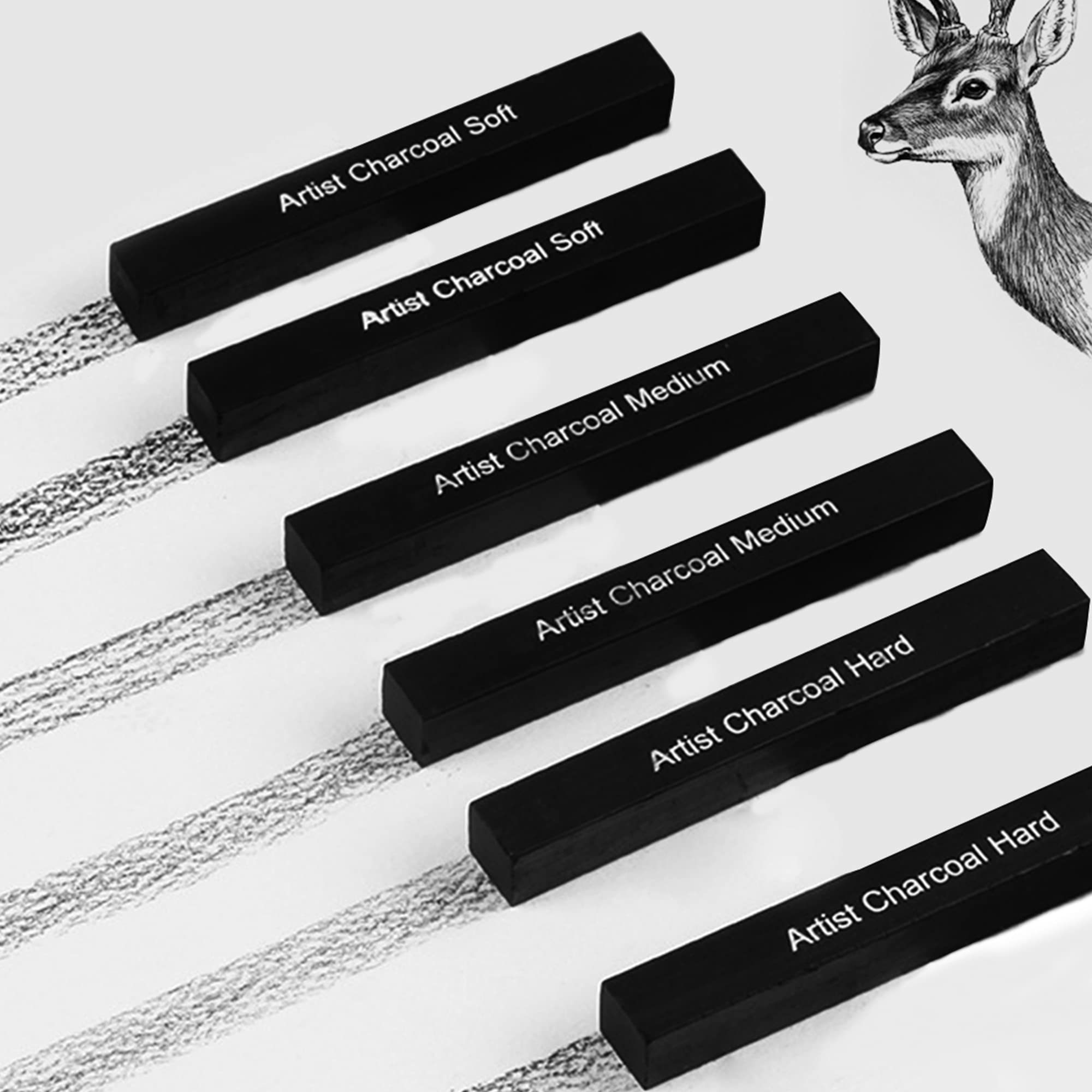 Funity 6pcs Compressed Charcoal Sticks for Drawing, Shading,  2 Soft 2 Medium 2 Hard, Drawing Essential Tools Kit - Compressed chacoal